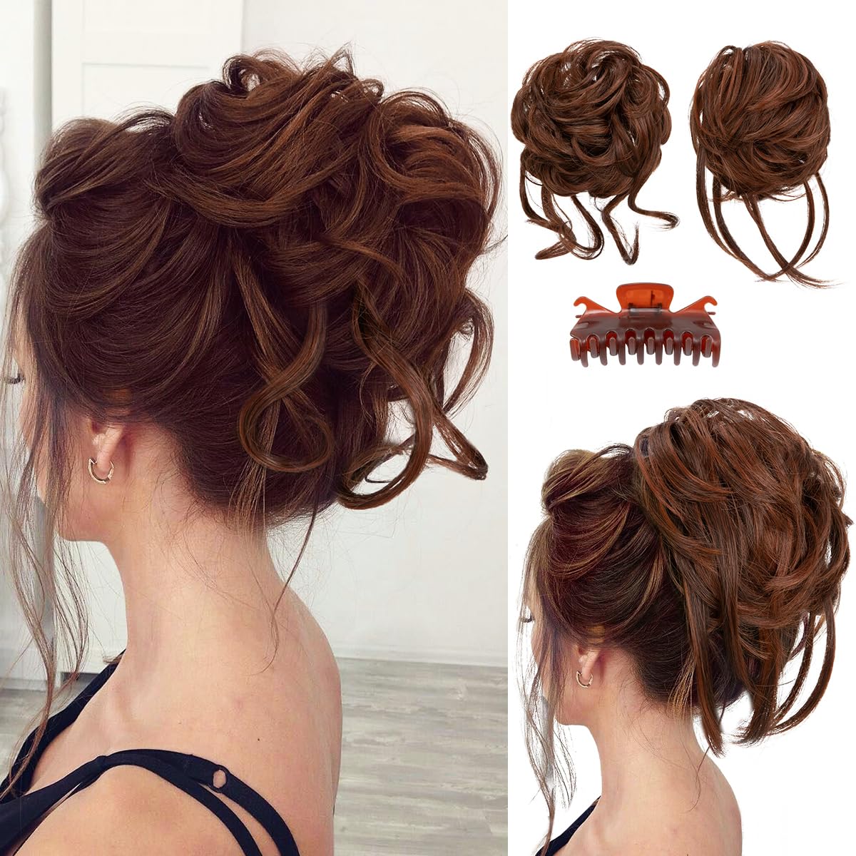 SARLA 2PCS Messy Bun Hair Pieces for Women Detachable Claw Clip Wavy Curly Synthetic Hairpieces for Updos with Tendrils Fake Scrunchies Ponytail Extension Red Vino