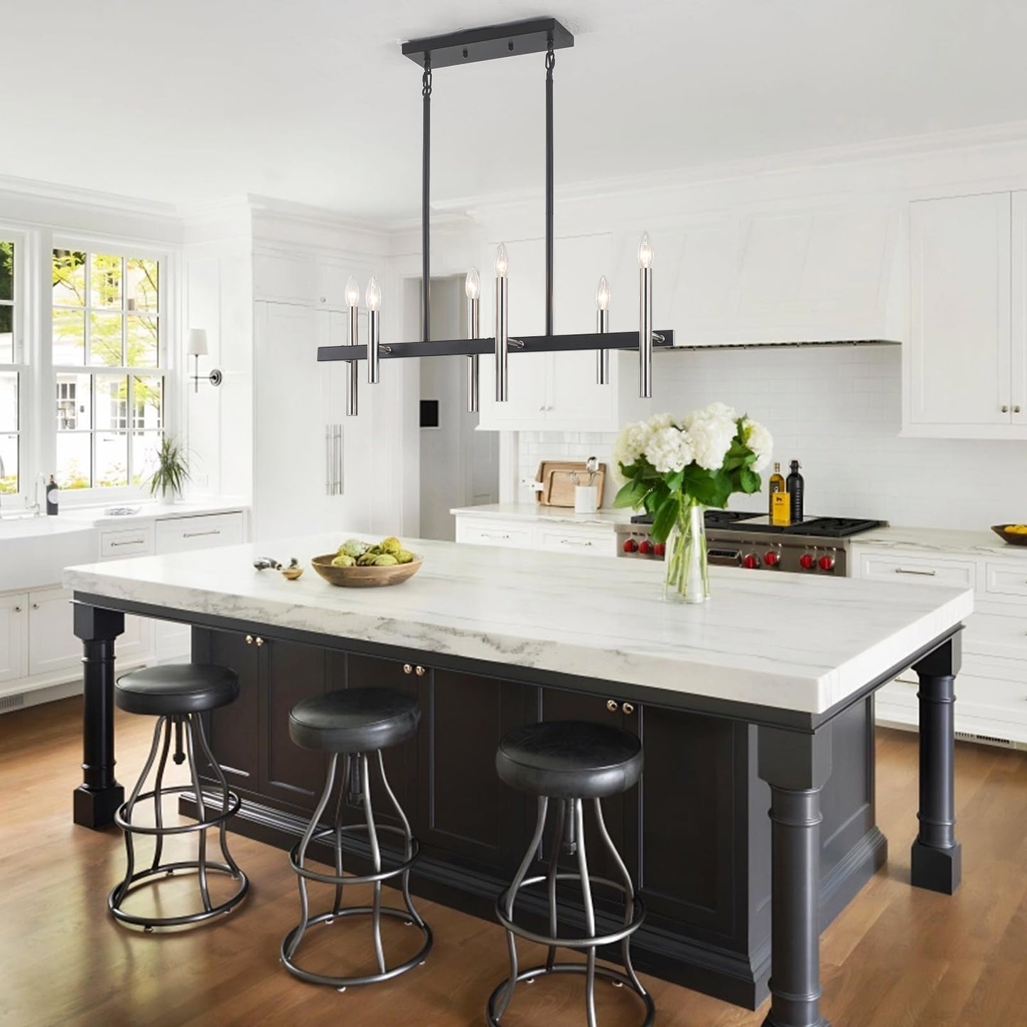 Modern Kitchen Island Pendant Light Fixtures 6-Light Black and Brushed Nickel Linear Chandeliers for Dining Room Chandelier Farmhouse Island Lights for Kitchen Table Living Room Bedroom Entryway
