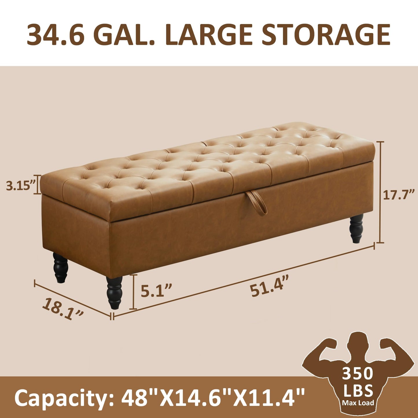 Hicosit 51 Inch Ottoman, Storage Bench Foot of Bed, Faux Leather Large Rectangular Upholstered Footstool for Bedroom End of Bed, Living Room, Entryway (PU Brown)
