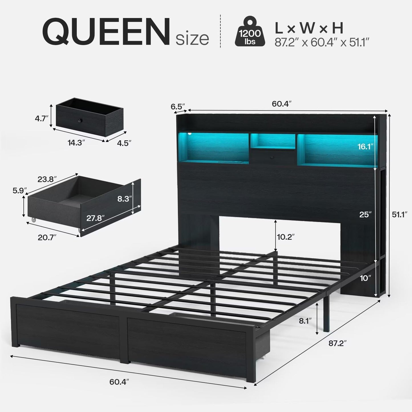 Siihnon Queen Bed Frame with Tall Headboard and LED Lights, 51.2" Bookcase Black Bed Frame Queen Size with Storage Drawers and Charging Station, Platform Metal Bed Frames, No Box Spring Needed, Black