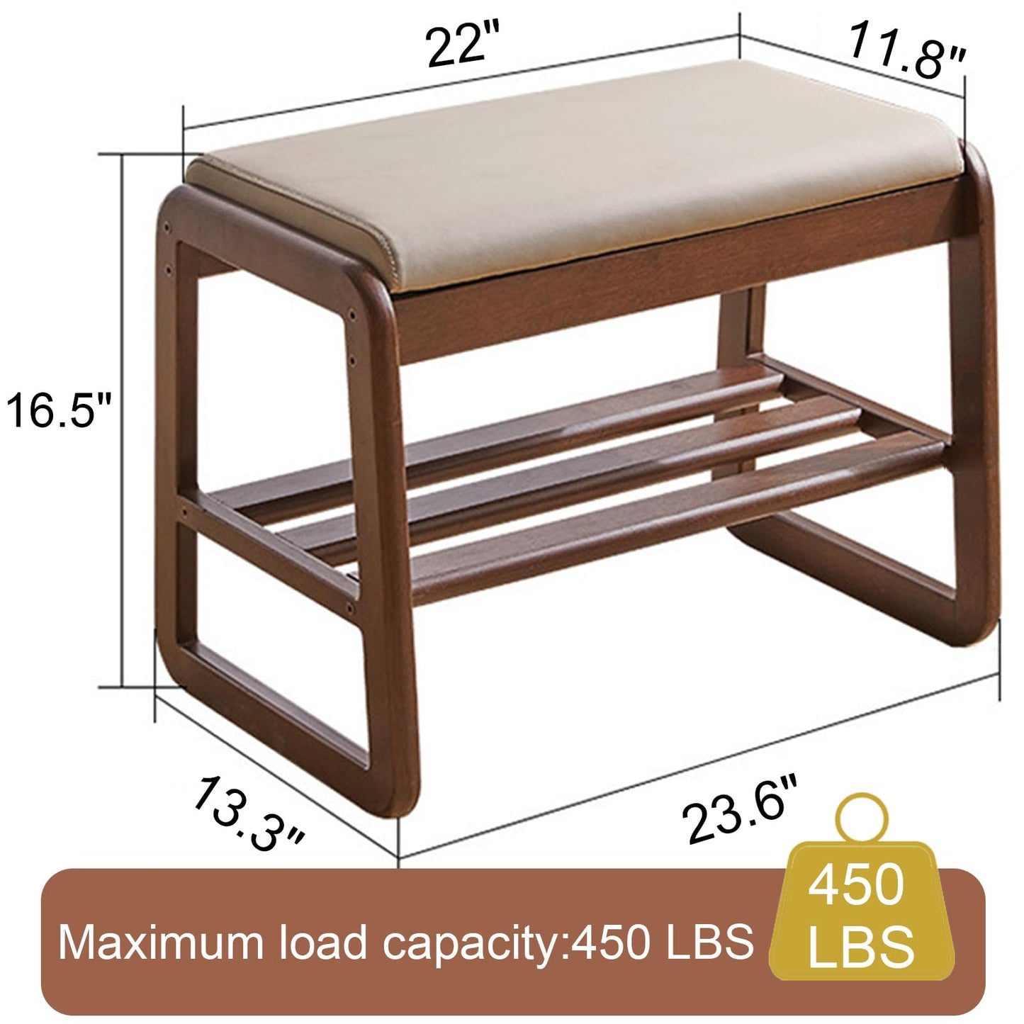 Solid Wood Bench, Entryway Shoe Bench with Cushion, 2-Tier Shoe Racks Bench, Modern Shoe Rack with Flip Top Storage Space, Shoe Organizer for Entryway, Living Room, Hallway, Bedroom