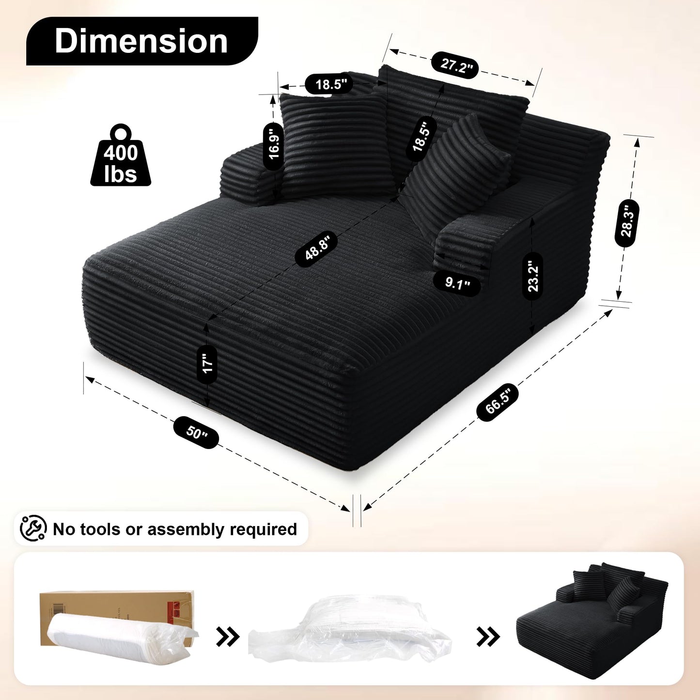 Chorlenimi Boneless Couch Sofa Chiar Chaise Lounge Chair Indoor Upholstered Corduroy Couch Cloud Sleeper Sofa Oversized Reading Chair for Living Room No Assembly Required (Black, 50" W x 67" D)