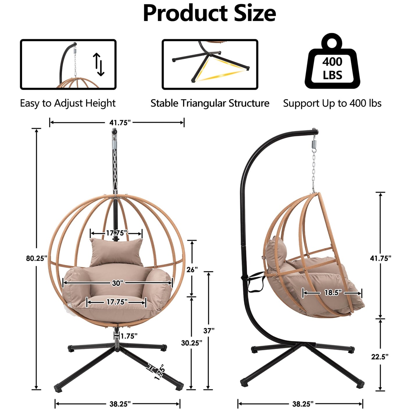 DAYARUS Hanging Chair with Stand, Imitation Rattan Egg Cahir Outdoor, Hanging Egg Chair with Stasnd, 80" High Egg Swing Chairs Indoor, All Weather Balcony Basket Swing Chairs for Balcony, Khaki