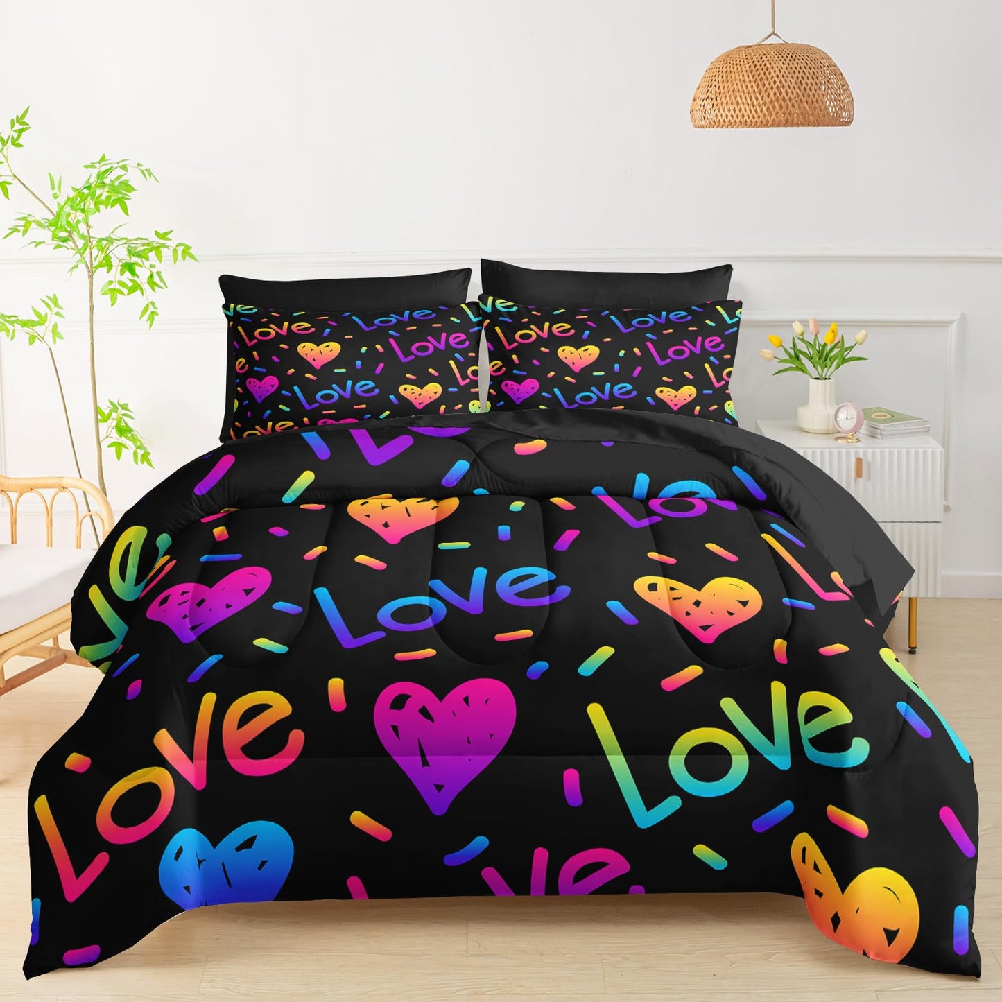 QOOMO Kid Twin Comforter Set 7 Piece Colorful Love line Bedding Set for Boys Girls Super Soft Microfiber Bed in a Bag with Comforter Sheets Pillowcase Sham(Black)