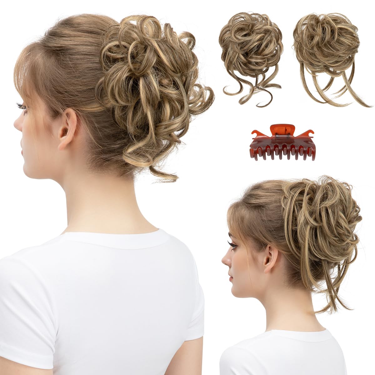 SARLA 2PCS Messy Bun Hair Pieces for Women Detachable Claw Clip Wavy Curly Synthetic Hairpieces for Updos with Tendrils Fake Scrunchies Ponytail Extension Bernstein