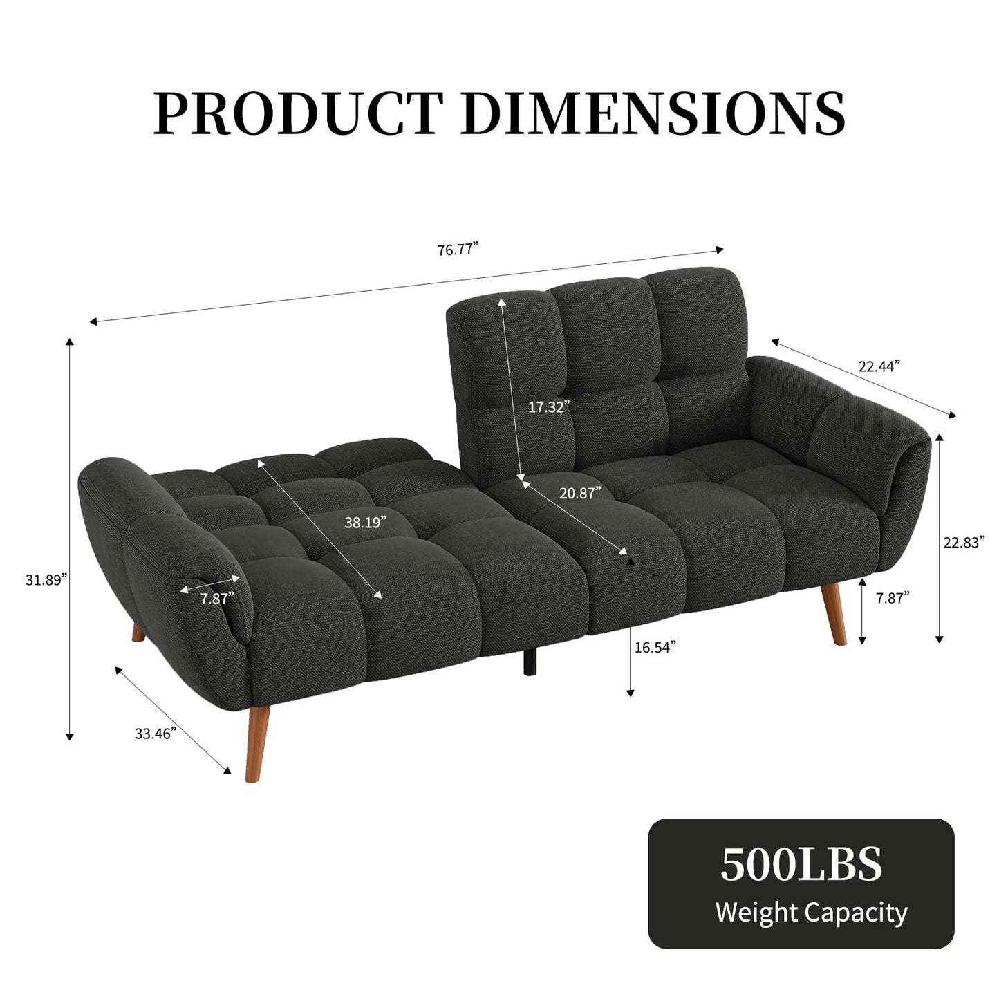 saows Futon Sofa Bed, Convertible 77" Modern Linen Futon Couch, Comfy Sleeper Sofa with Adjustable Backrests, Couch Bed for Small Spaces, Living Room, Bedroom, Apartment, Dark Gray