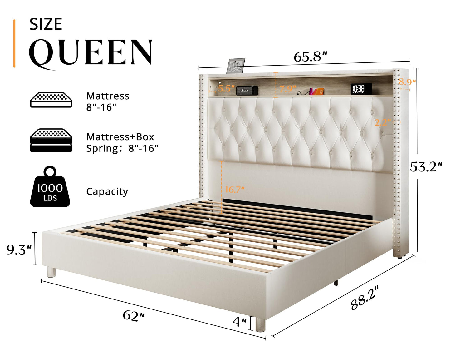 Jocisland Queen Size Bed Frame 53.6'' Tall Headboard LED Lights and Charging Station, Velvet Hign Upholstered Platform Bed Wingback Storage, No Box Spring Needed, Motion Activated Light, Light Cream