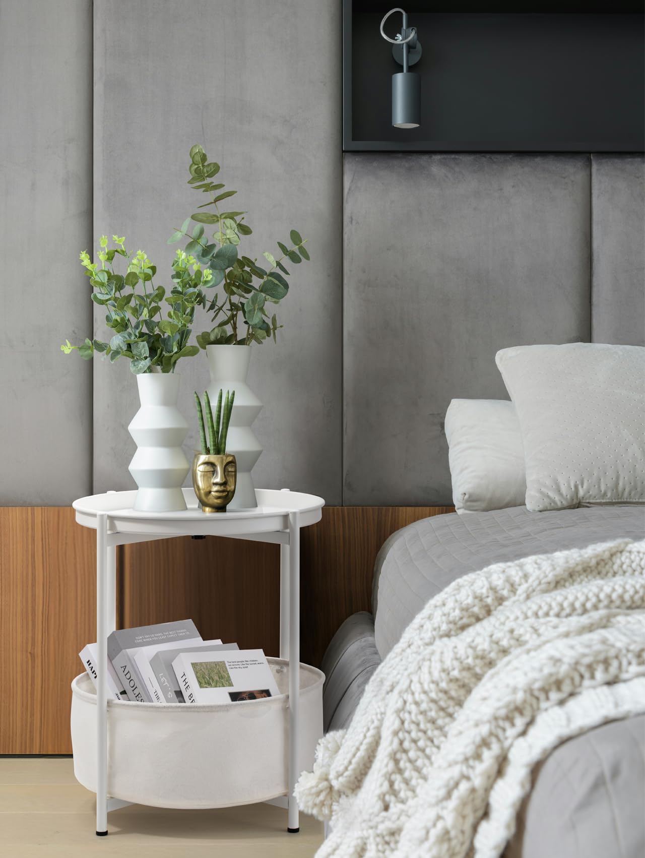 Luwesde Round Side Table, White End Table with Storage Basket, Metal Night Stand with Removable Tray, Small Bedside Table for Living Room, Bedroom, Nursery (White)
