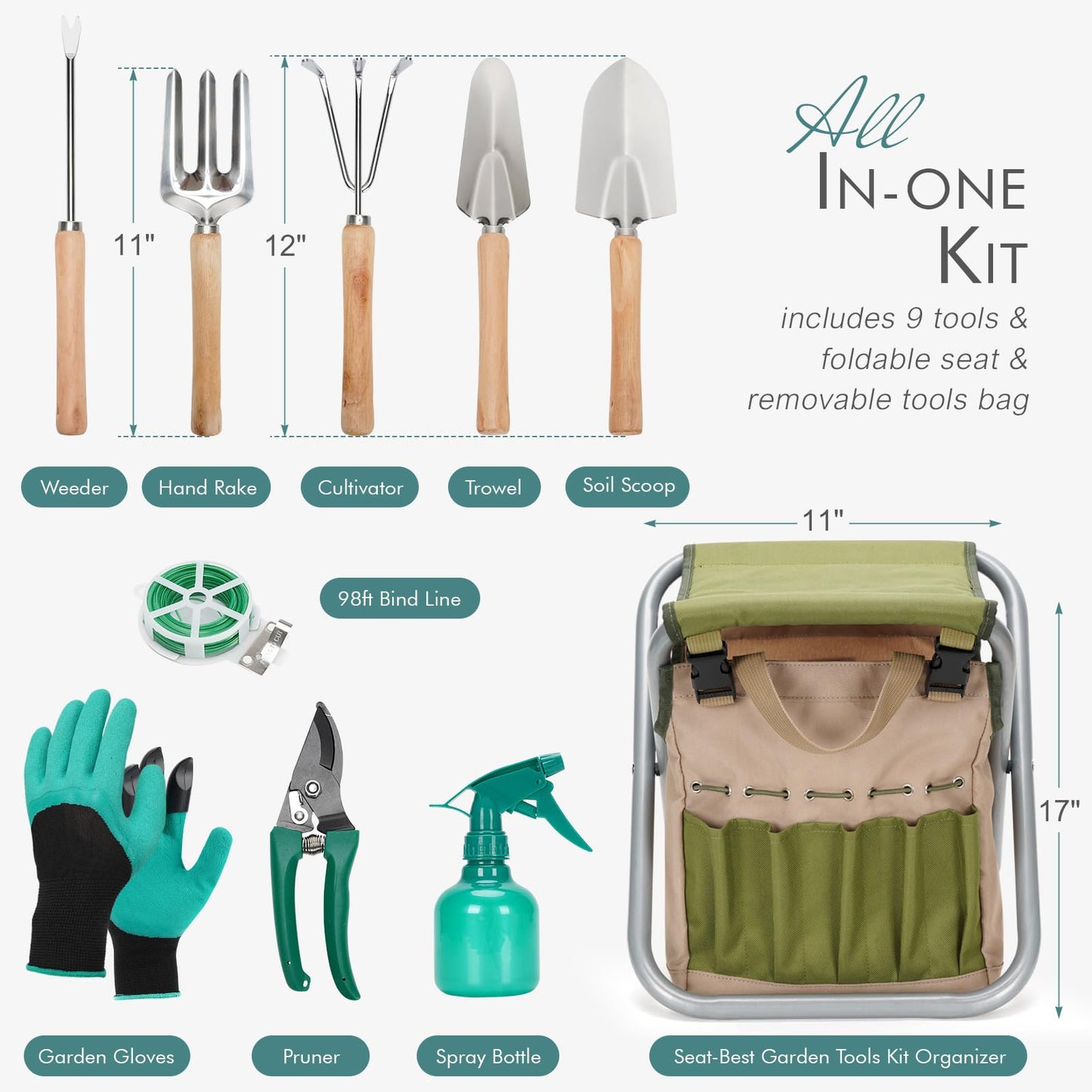 INNO STAGE 10 Piece Gardening Hand Tools Set with Garden Storage Tote Bag and Seat-Best Garden Tools Kit Organizer Valentine's Day Gifts