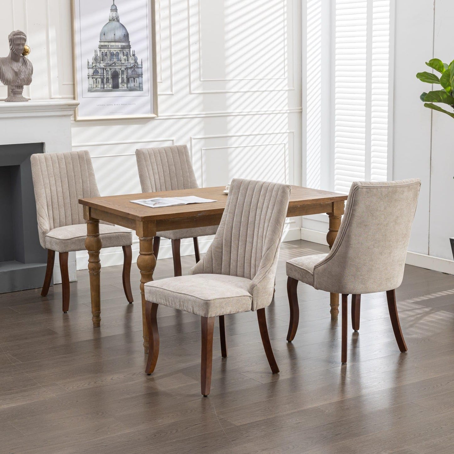 BEIDOR Dining Chairs Set of 6,Comfy Fabric Upholstered Accent Chairs for Kitchen Living Room,Channel Tufted Dining Room Chairs with Curved Solid Wood Legs(Beige)