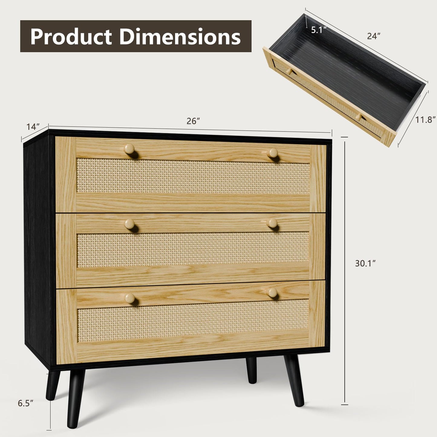 FURNIinspire 3 Drawer Dresser for Bedroom, Boho Dresser Chest with Handles for Bedroom Hallway Living Room