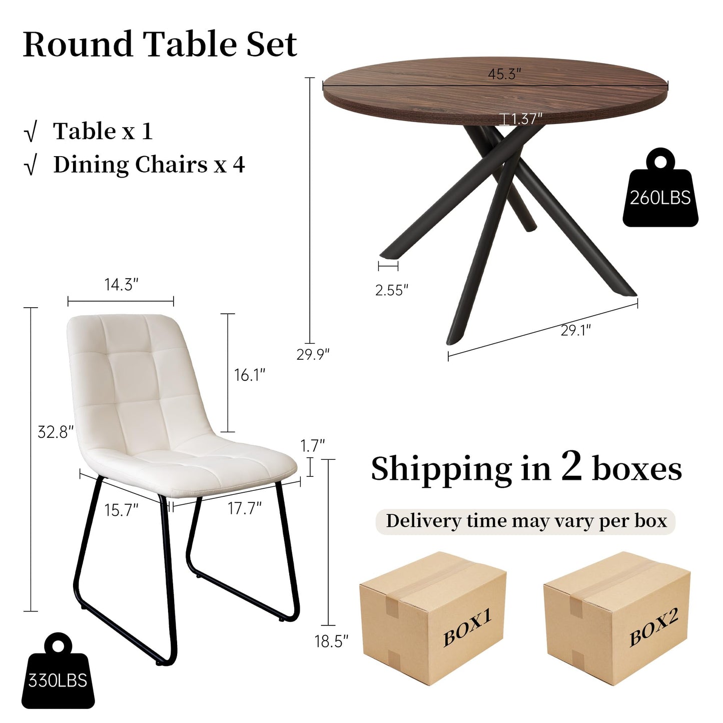 HIPIHOM 45.3 Inch Round Dining Table Set for 4, Mid Century Modern Small Coffee Set for Dining Room Kitchen Apartment (Walnut Table + 4 U-Shaped White Chairs)