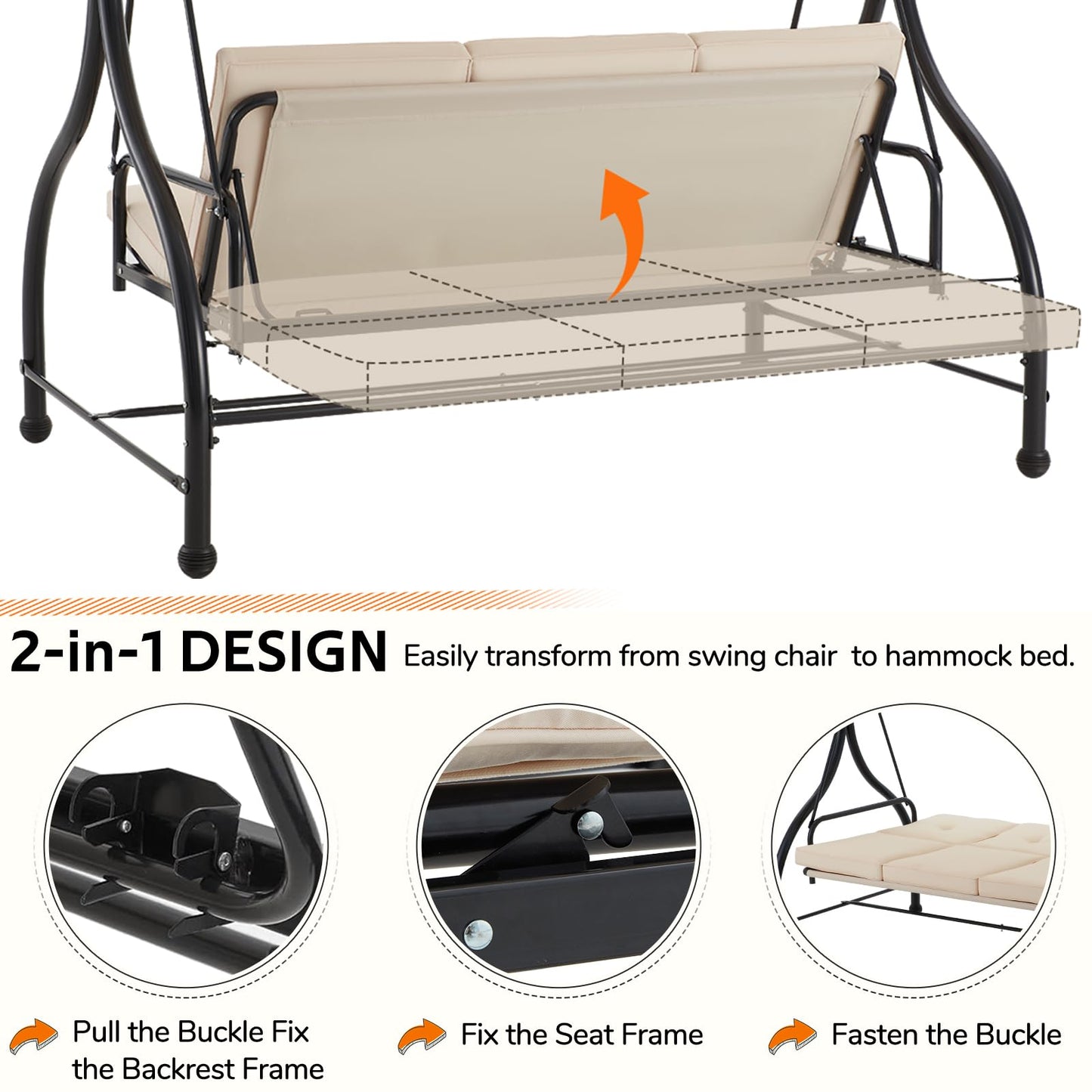 U-MAX Porch Swing Chair with Adjustable Backrest&Canopy, 3 Seat Patio Swing with Canopy 2-in-1 Convertible Outdoor Swing with Canopy Patio Daybed with Removable Beige Cushions for Adults
