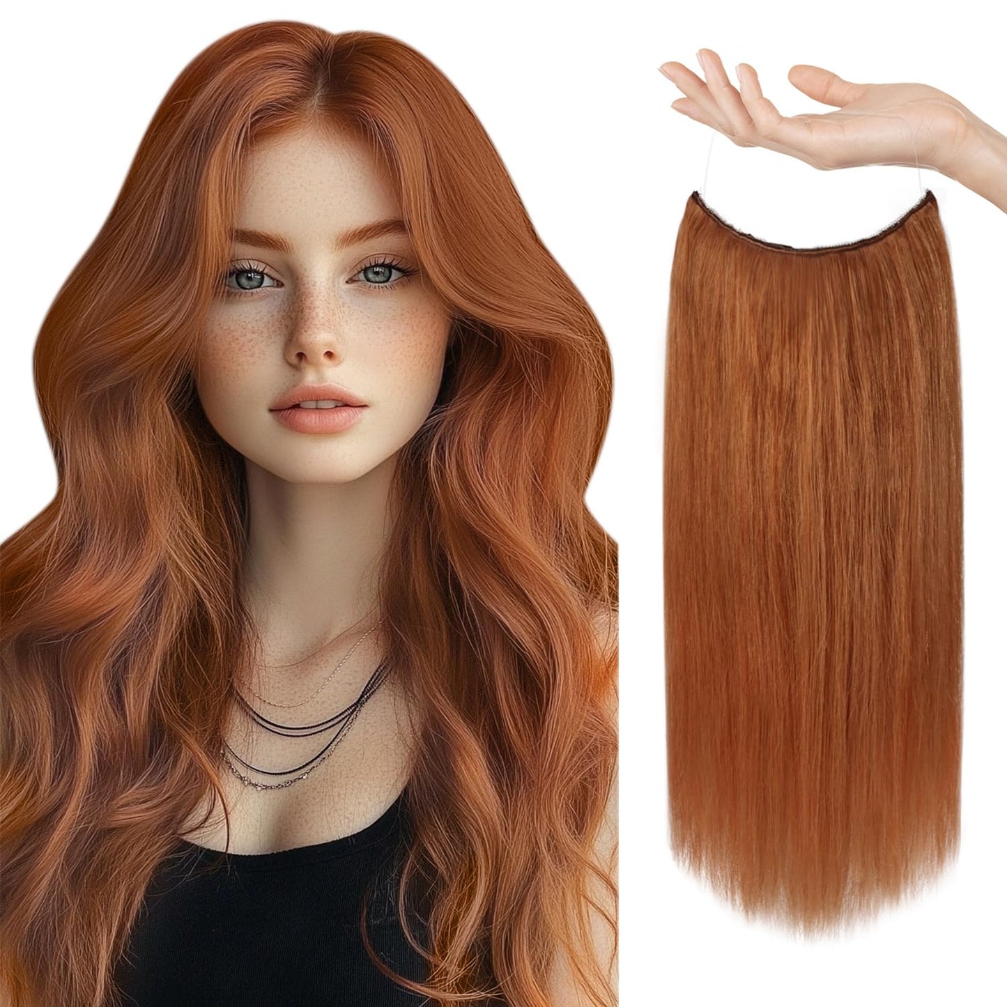 Sunny Wire Hair Extensions Real Human Hair Fish Line Human Hair Extensions Invisible Wire Extensions Copper #350 12 Inch