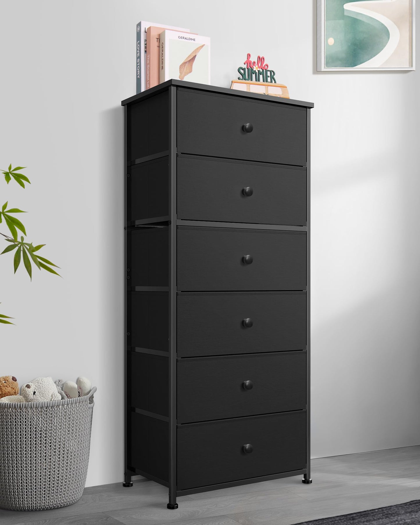 Tall Fabric Dresser for Bedroom, Vertical Storage Organizer Tower with 6 Drawers, Chest of Drawers with Bins, Steel Frame, Wood Top for Bedroom, Closet, Entryway Black