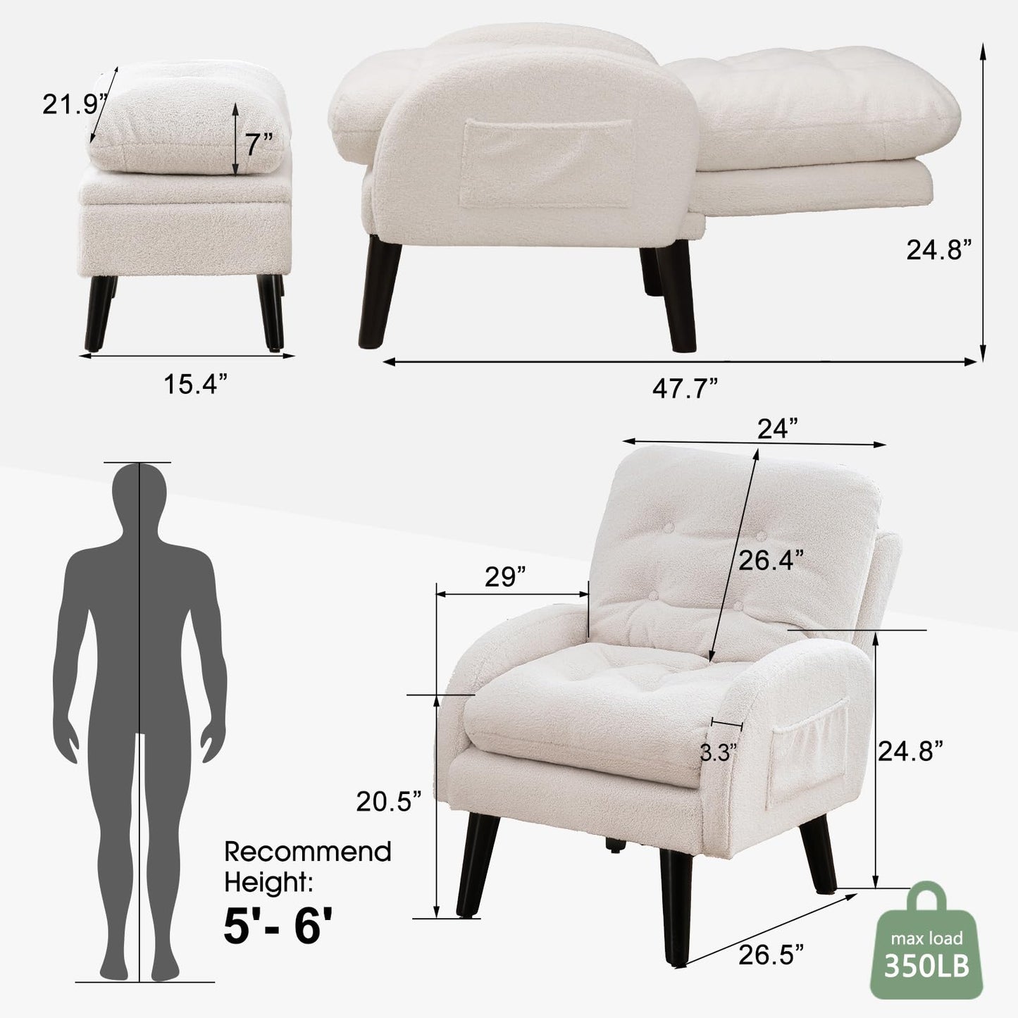 ELUCHANG Accent Chairs with Ottoman, Upholstered Comfy Armchair with Adjustable Backrest&Storage Footrest, Lazy Chair Reading Chair Leisure Sofa Recliner for Living Room Bedroom (White - Teddy Fabric)