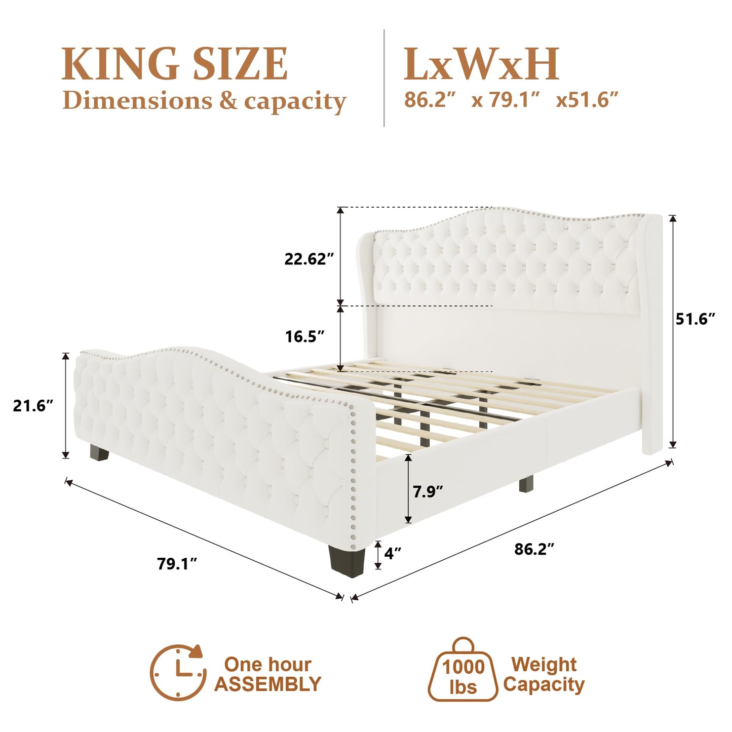 King Size Bed Frame with 51-inch Tall Camelback Headboard, Velvet Upholstered Platform Bed with Deep Button Tufted Footboard & Nailhead Trim Wingback, No Box Spring Needed, Noise Free