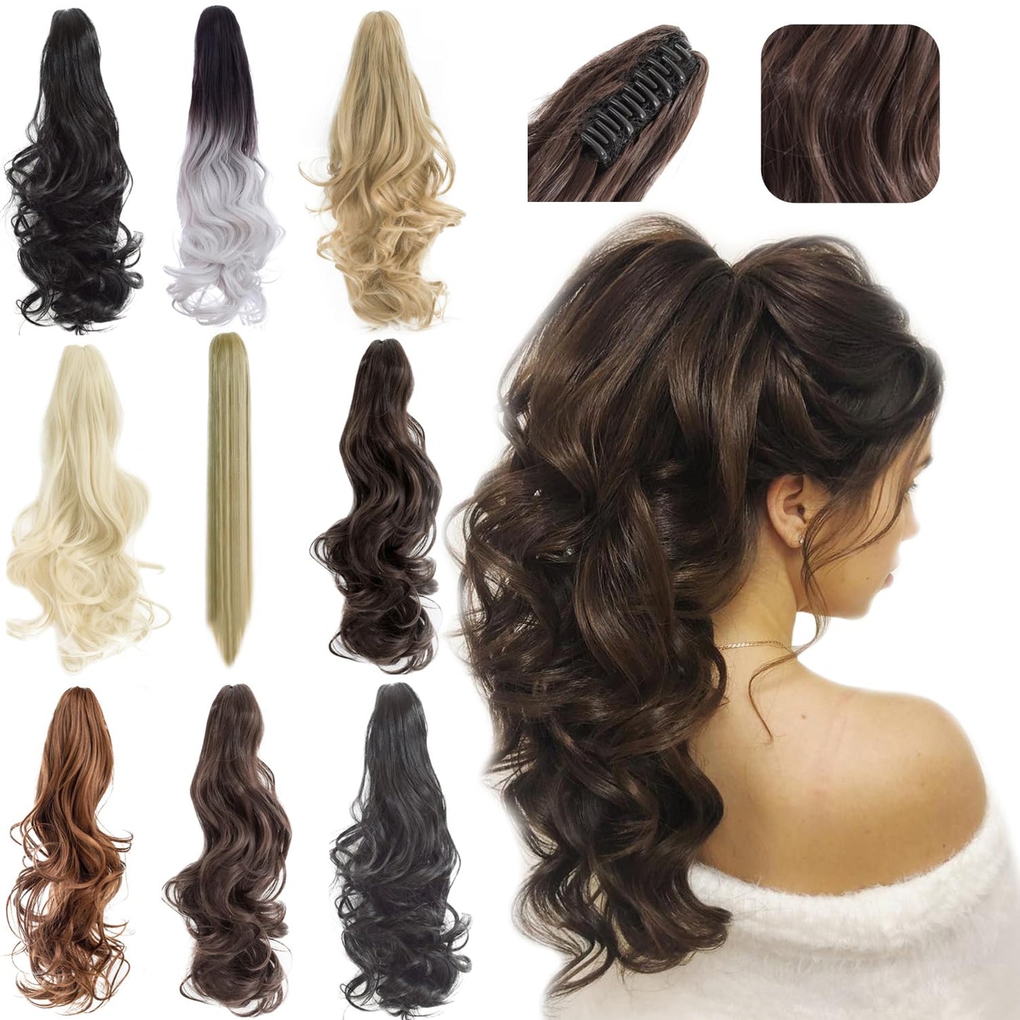FELENDY Ponytail Extension Claw 18" 20" Curly Wavy Straight Clip in Hairpiece One Piece A Jaw Long Pony Tails for Women Ash Blonde