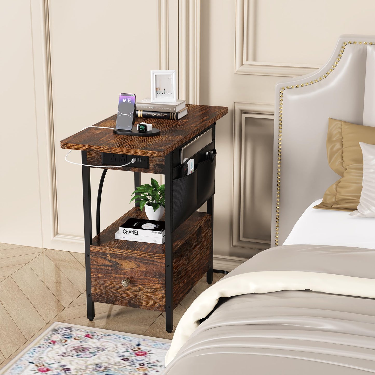 Yenlure Small Side Table with Charging Station, Narrow Nightstand Bedside Tables with Storage Pocket for Living Room Bedroom, Sofa End Table with USB Ports and Power Outlets for Small Spaces
