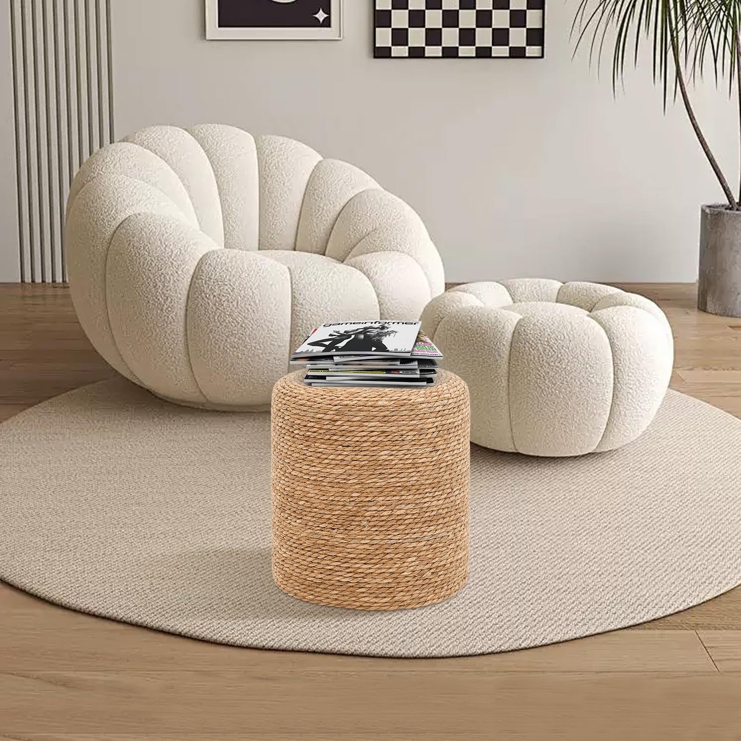 SJGUOJI 16'' Round Ottoman Natural Seagrass Braided Poof Hand Weaving Round Ottomans Boho Footrest Stool for Home Living Room Bedroom Patio(Natural)