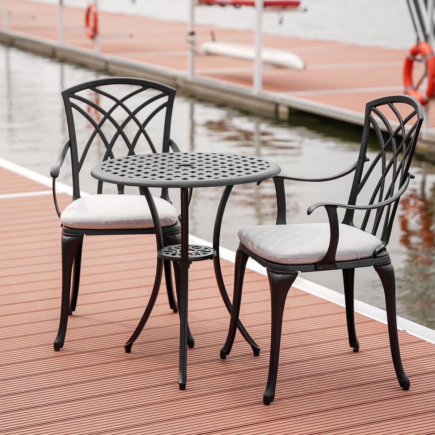 Withniture 3 Piece Outdoor Bistro Table Set with Cushions, Cast Aluminum Patio Bistro Sets Patio Set with Umbrella Hole, All Weather Patio Table and Chairs Set of 2 for Garden, Black