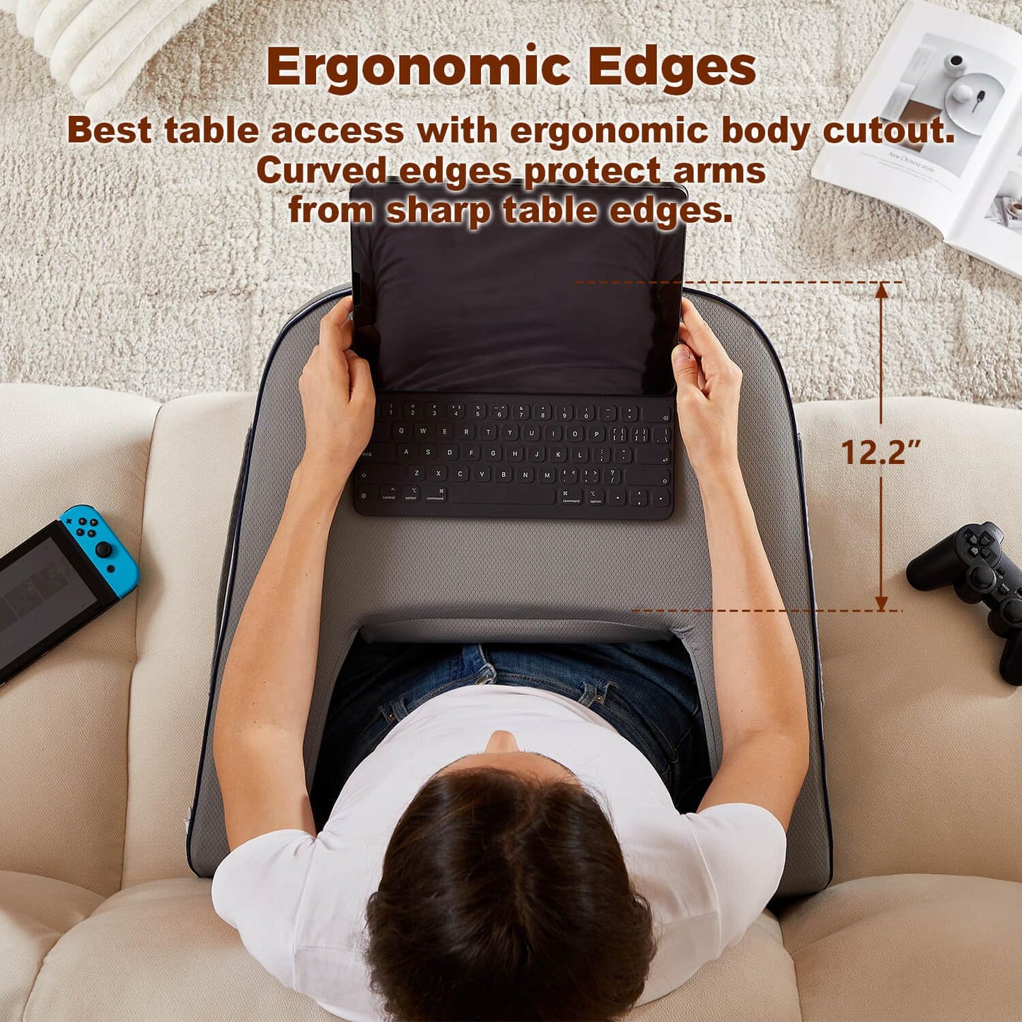 cooloo8 Soft Arm Rest Pillow, Lap Desk Pillow for Bed, Reading Lap Pillow, Memory Foam Reading Pillow for Reading, Working in Bed Couch(Grey)