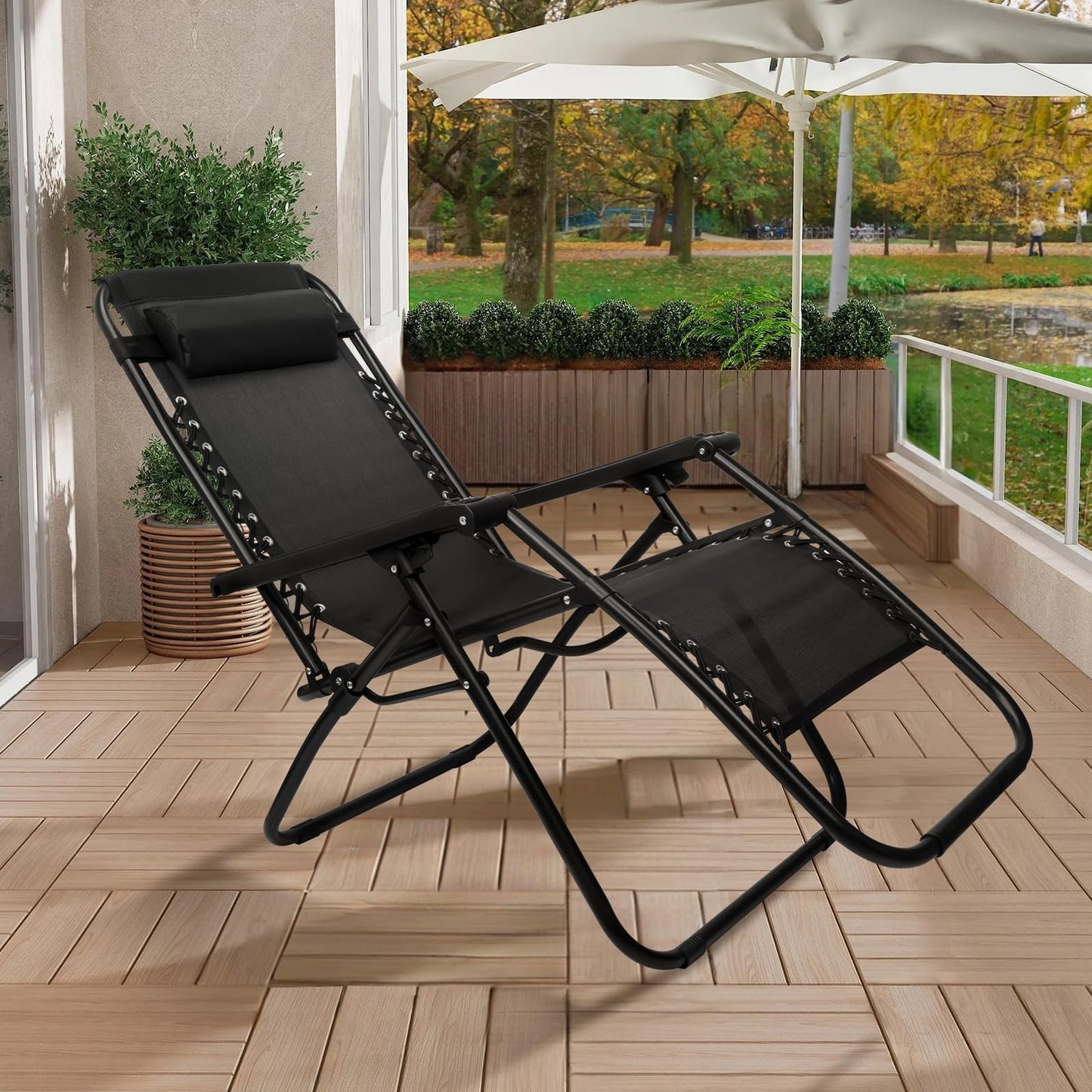 SZHLUX 1 PCS Adjustable Steel Mesh Zero Gravity Lounge Chair Recliners W/Pillows and Cup Holder Trays - Black