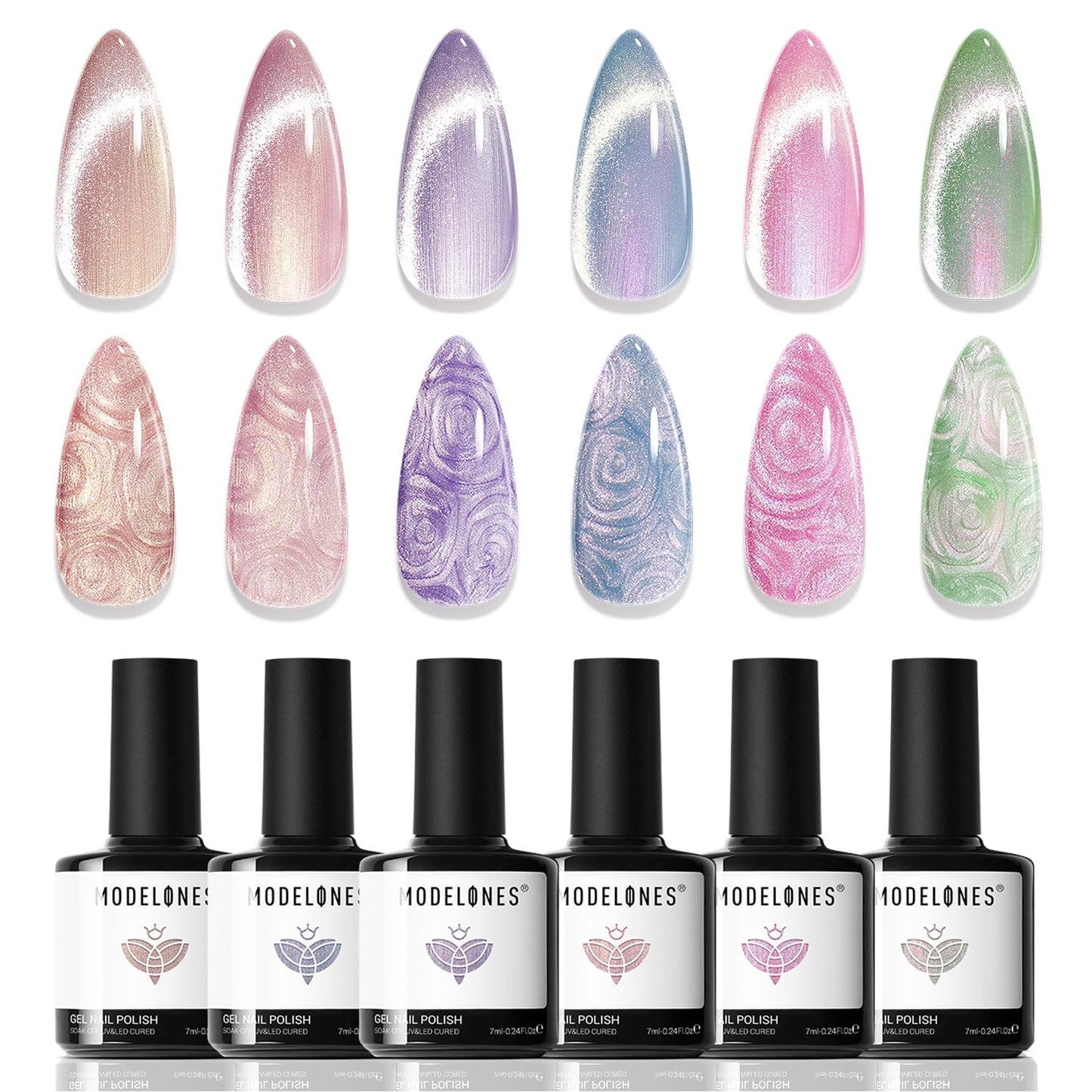 Modelones Pearl Gel Nail Polish, 6 Colors Shimmer Cat Eye Magnetic Nail Drawing Set with Magnet, Iridescent Mermaid Swirl Shell Thread Purple Pink Blue Glitter, Summer DIY Manicure Gift for Women Girl