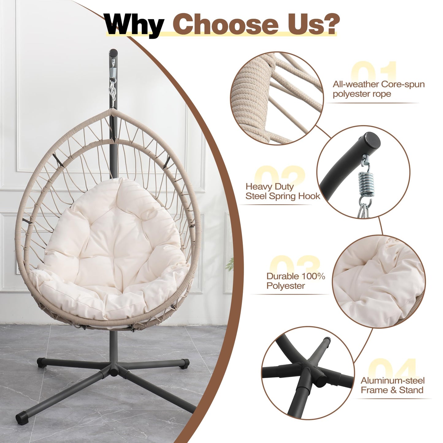 Hanging Egg Chair with Stand, Foldable Patio Hammock Egg Swing Chair Made by All-Weather Core-Spun Polyester Rope with Soft Cushion for Bedroom Garden Indoor Outdoor, 350Lbs Cap. (Beige)
