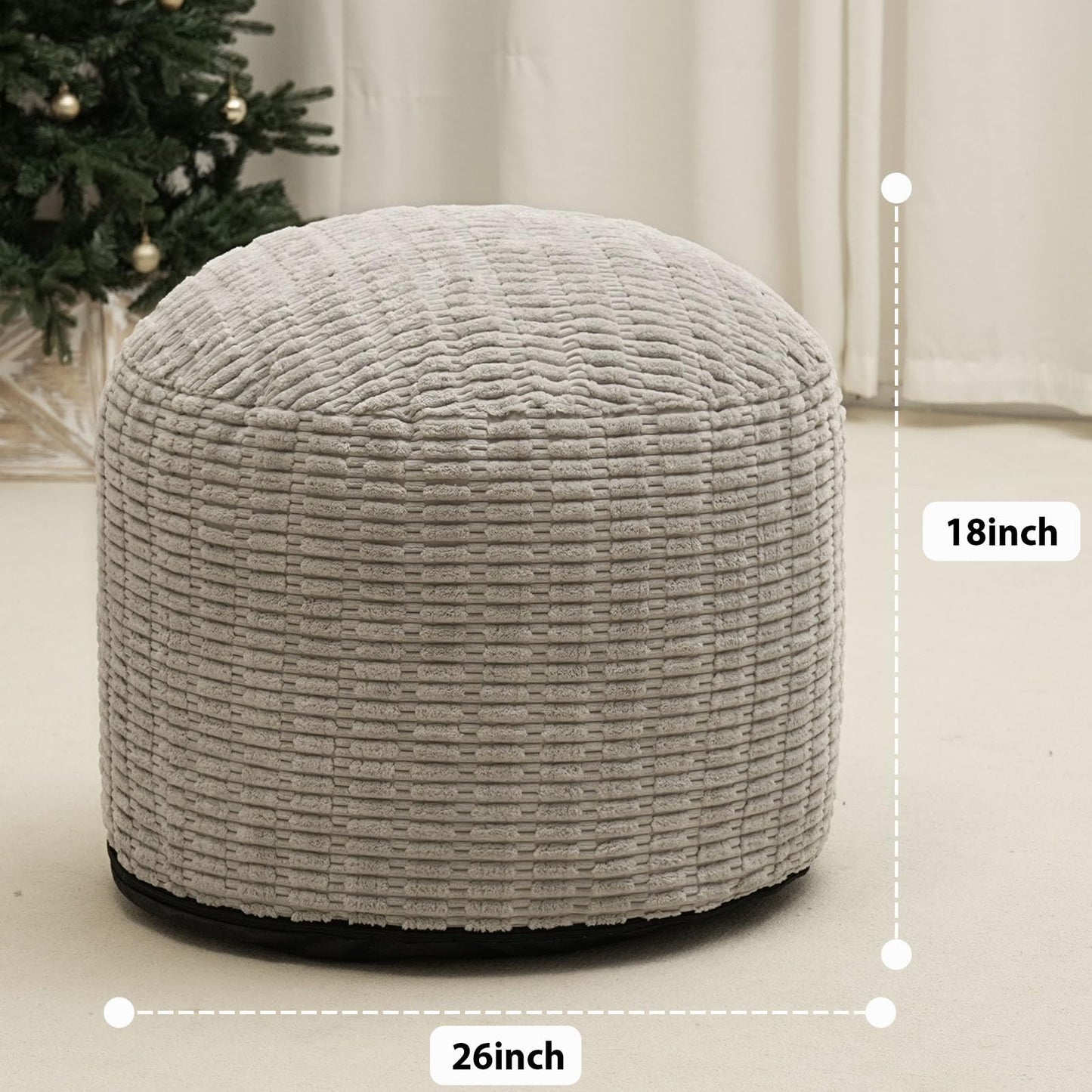 Round Stuffed Pouf Ottoman for Foot Rest, Storage Ottoman Pouf Foot Stool Cushion, Faux Fur Poufs with Foam Chunk Filling, 26 X 18 Inch Floor Chair for Living Room Bedroom Home Decor, Light Gray