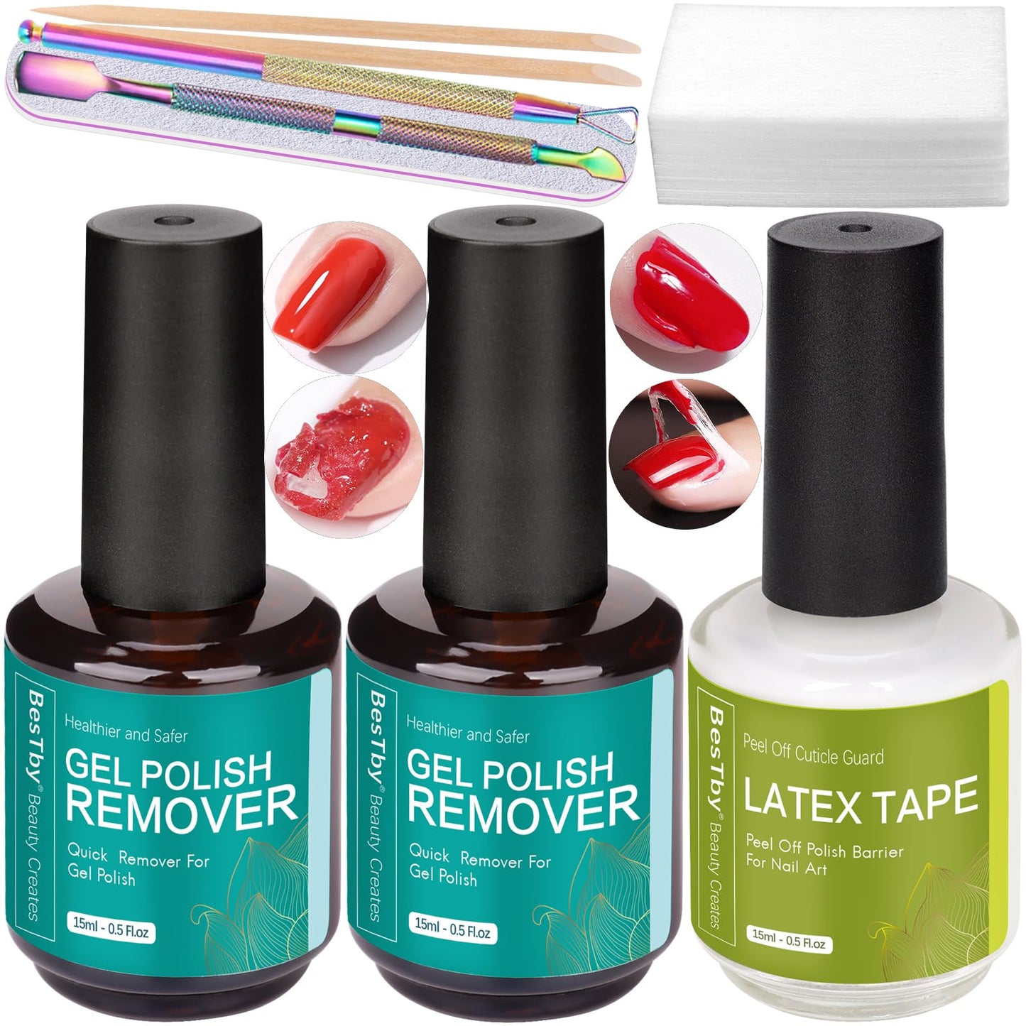 BesTby Gel Nail Polish Remover - (2pcs 15ml/0.5 oz) and Liquid Latex Tape Protect Cuticle, 2-5 Minutes Quickly & Easily Remove Gel Nail Polish