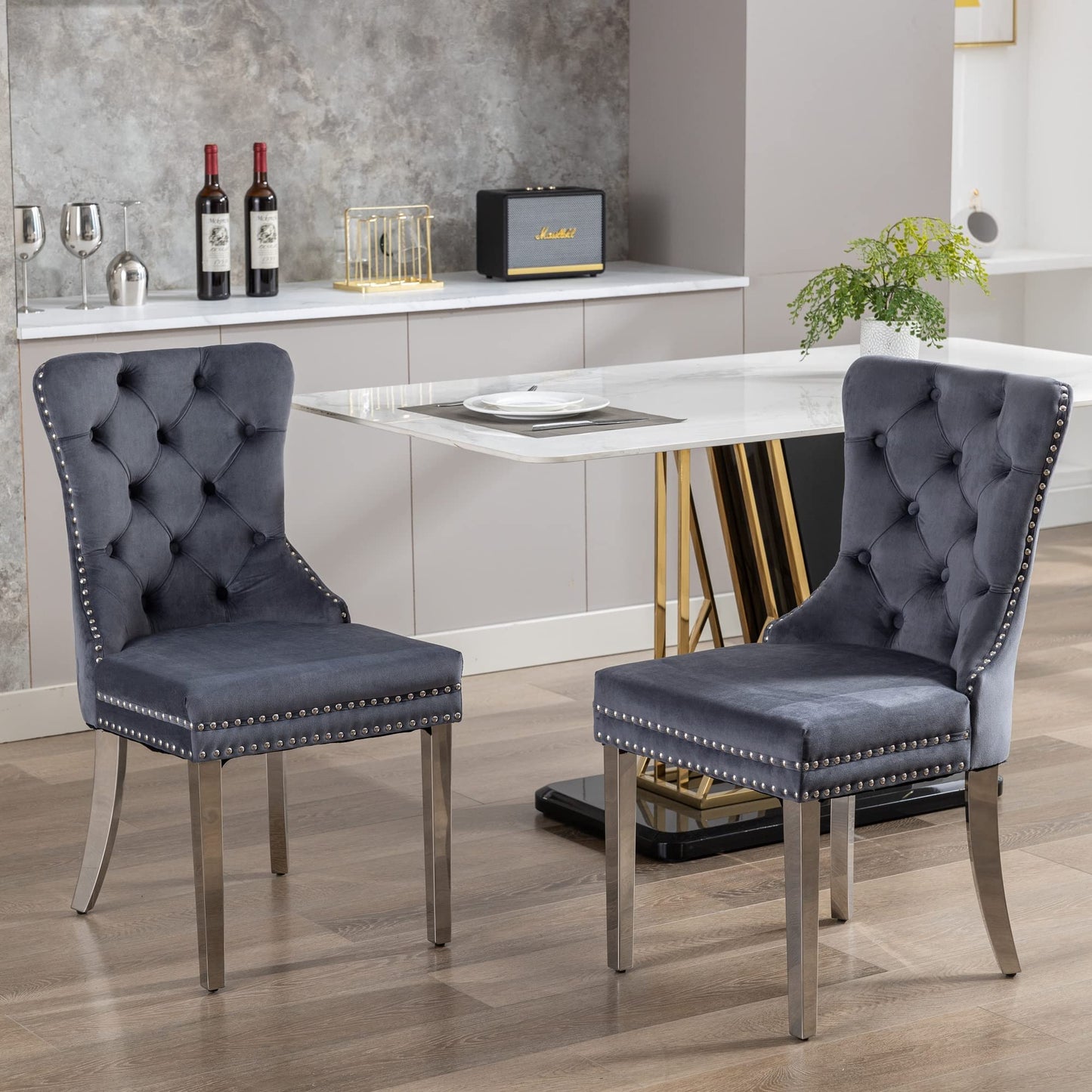 GOOLON Dining Room Chairs Set of 2, Tufted Velvet Chairs with Modern Stainless Steel Legs, Rivet Trim Metal Pull Ring Large Back for Kitchen Dining Room Restaurant, Dark Gray