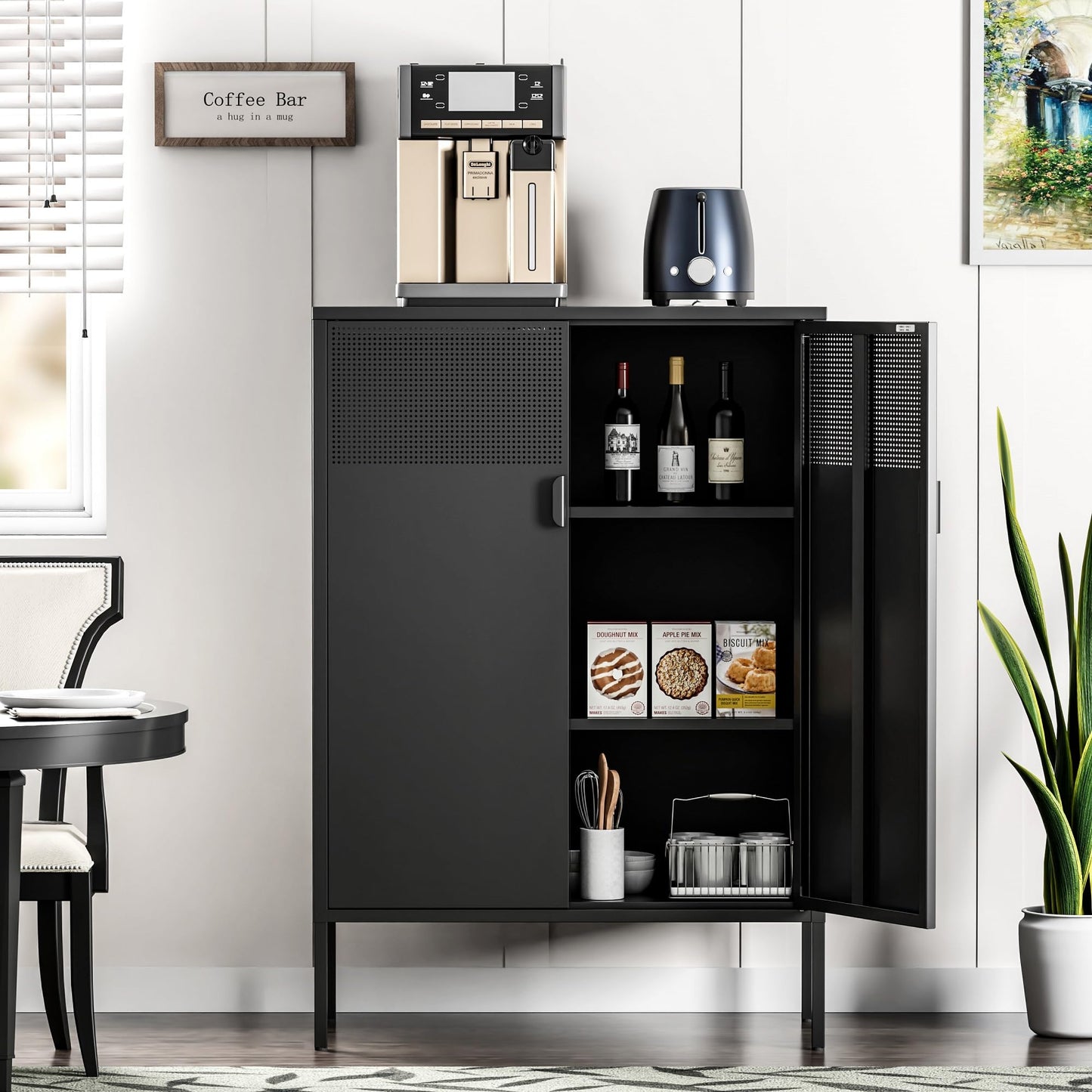 Ustamio Black Metal Storage Cabinet, Metal Locker Storage Cabinet with Doors and Shelves, 3 Tier Steel Office Storage Cabinet, Metal Sideboard for Home, Office, Kitchen and Coffee Bar