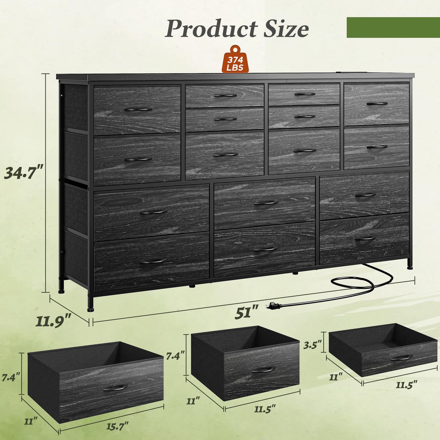 Romorgniz Dresser for Bedroom with 16 Fabric Drawers Long Dresser with Charging Station TV Stand for 60" TV Dressers & Chest of Drawers for Bedroom, Living Room, Closet, Black