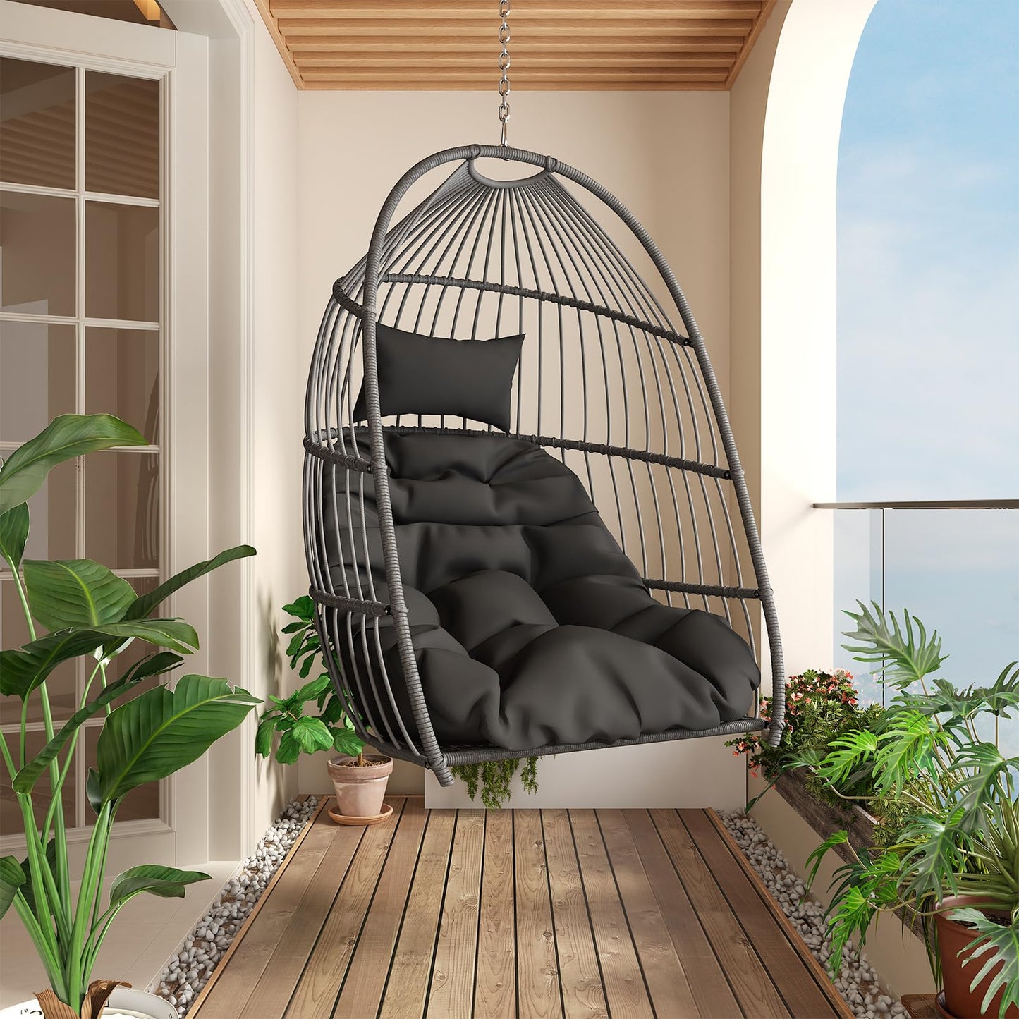 Hanging Egg Chair Without Stand, HDPE Rattan Foldable Swing Chair with Aluminum Frame & UV Resistant Cushion, Hammock Egg Basket for Indoor Outdoor Bedroom Garden, 350Lbs Capacity (Dark Grey)