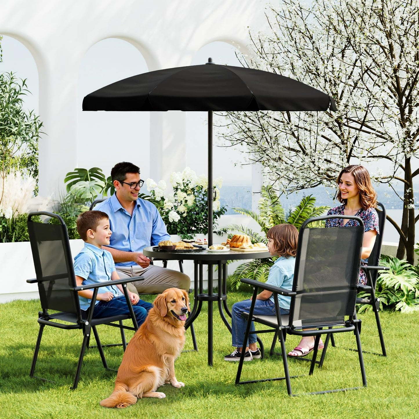 TAVATA 6 Piece Patio Dining Set with Umbrella, Outdoor Furniture Set with 4 Folding Chairs & Portable Metal Garden Table for Lawn, Backyard, Deck, Camping(Black)