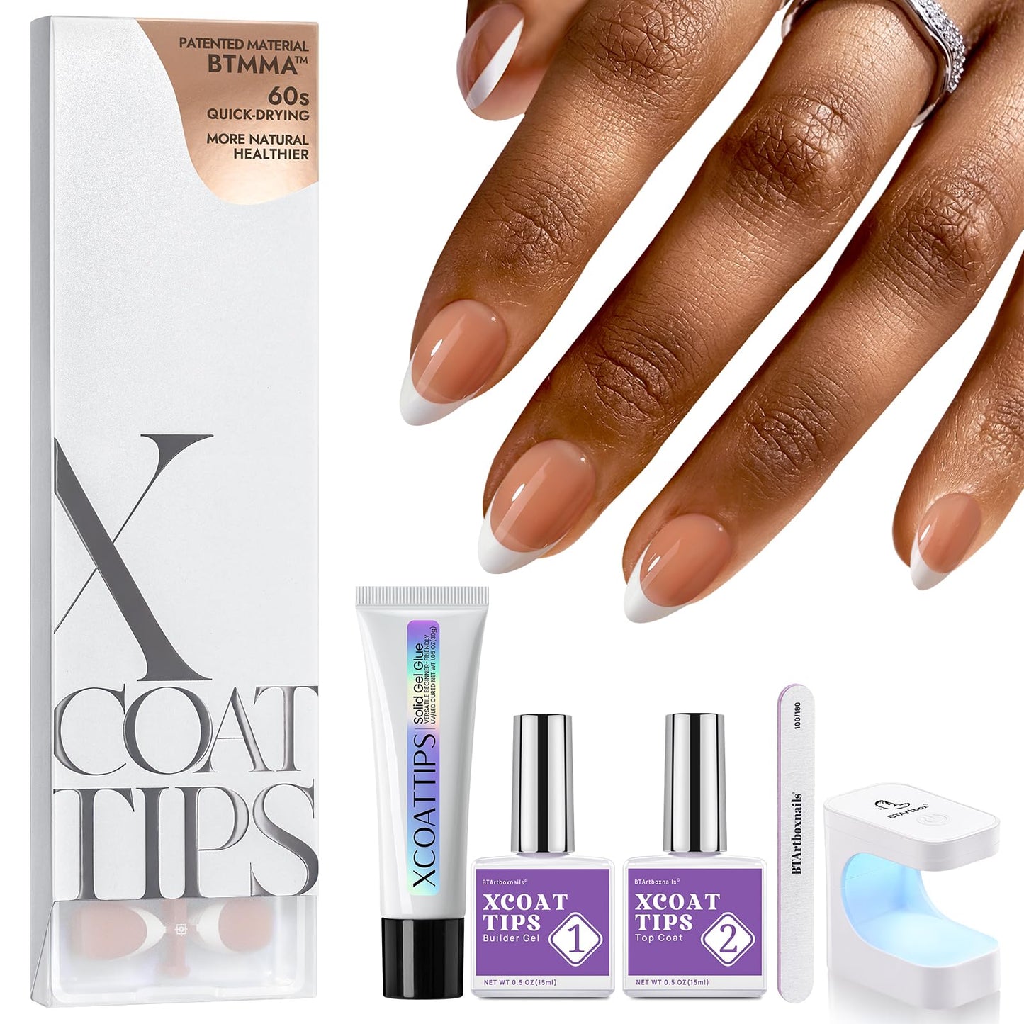 BTArtboxnails French Gel Nail Kit - French Tip Press on Nails Brown Short Almond XCOATTIPS Nail Art