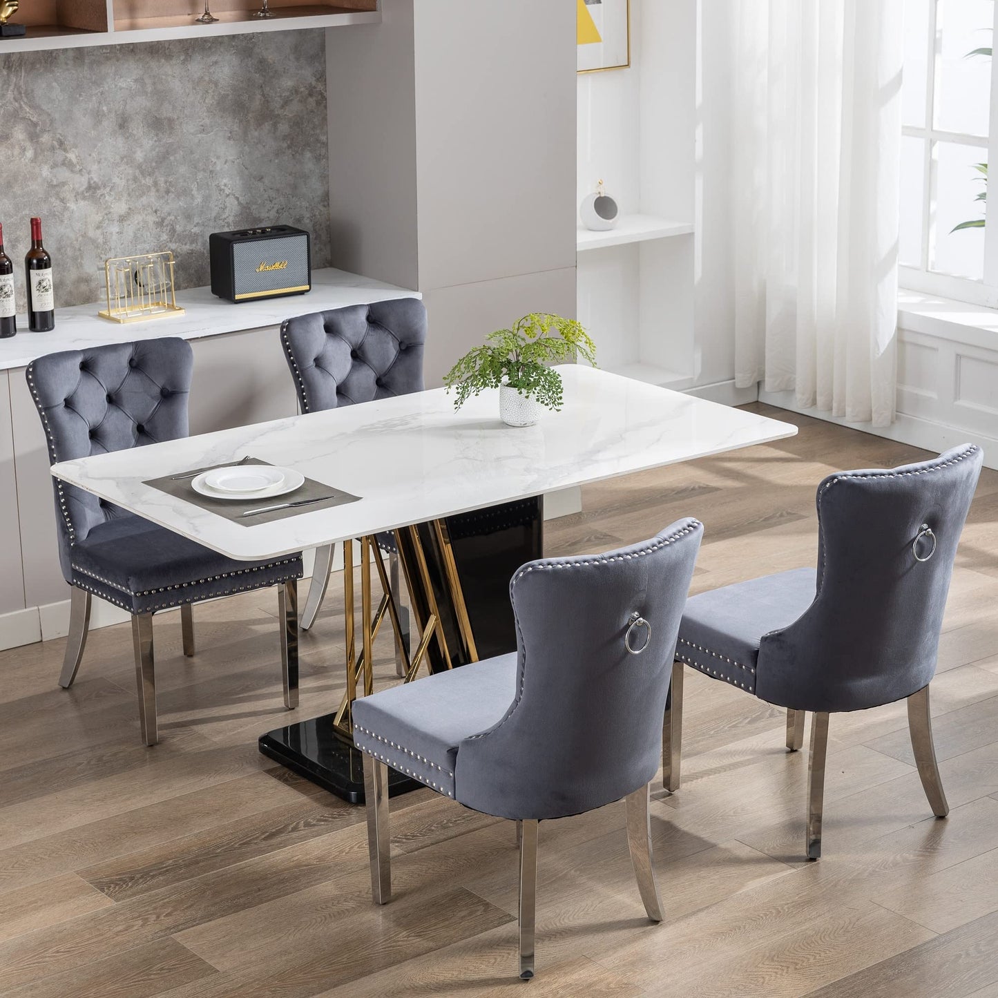 GOOLON Dining Room Chairs Set of 4, Tufted Velvet Chairs with Modern Stainless Steel Legs, Rivet Trim Metal Pull Ring Large Back for Kitchen Dining Room Restaurant, Dark Gray