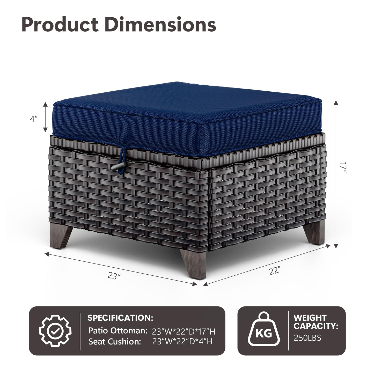 MaxMulti Patio Ottomans Set of 2, Outdoor Wicker Footrest with Thickened Cushions, Outdoor Rattan Ottoman for Porch, Backyard and Deck (Blue)