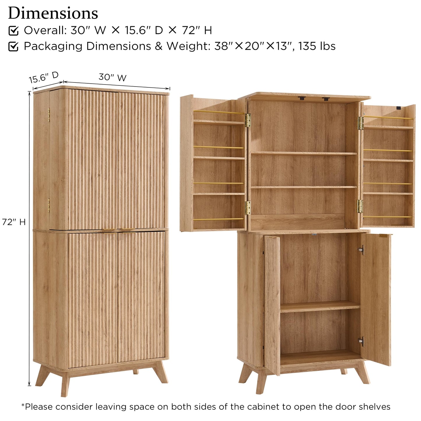 T4TREAM 72" Tall Fluted Pantry Storage Cabinet with Adjustable Shelves & Door Racks, Curved Profile Design, Spacious Dual-Zone Wood Organizer for Kitchen, Living Room, Natural Oak