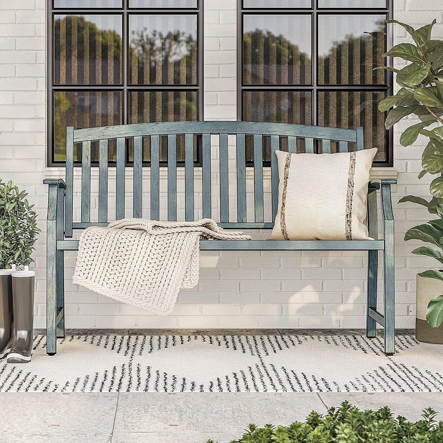 Grand patio 52" Farmhouse Outdoor Bench, Garden Benches with Anti-Rust Aluminum Metal Frame, Faux Wood Grain Finish Frame Patio Bench for Front Porch, Weathered Blue