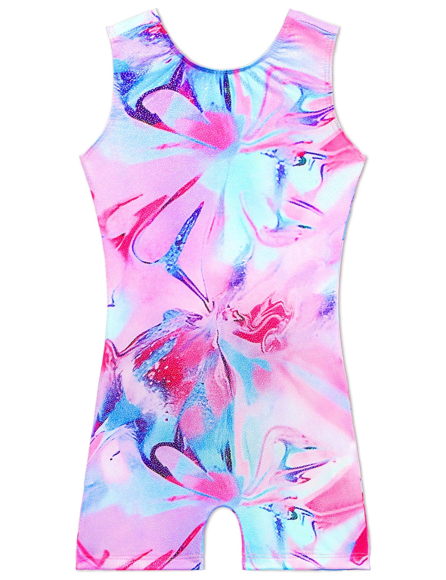 TENVDA Girls Leotards for Gymnastics Size 6-7 Years Old Sparkle Pink Flowers Printed Sleeveless Biketard Unitards
