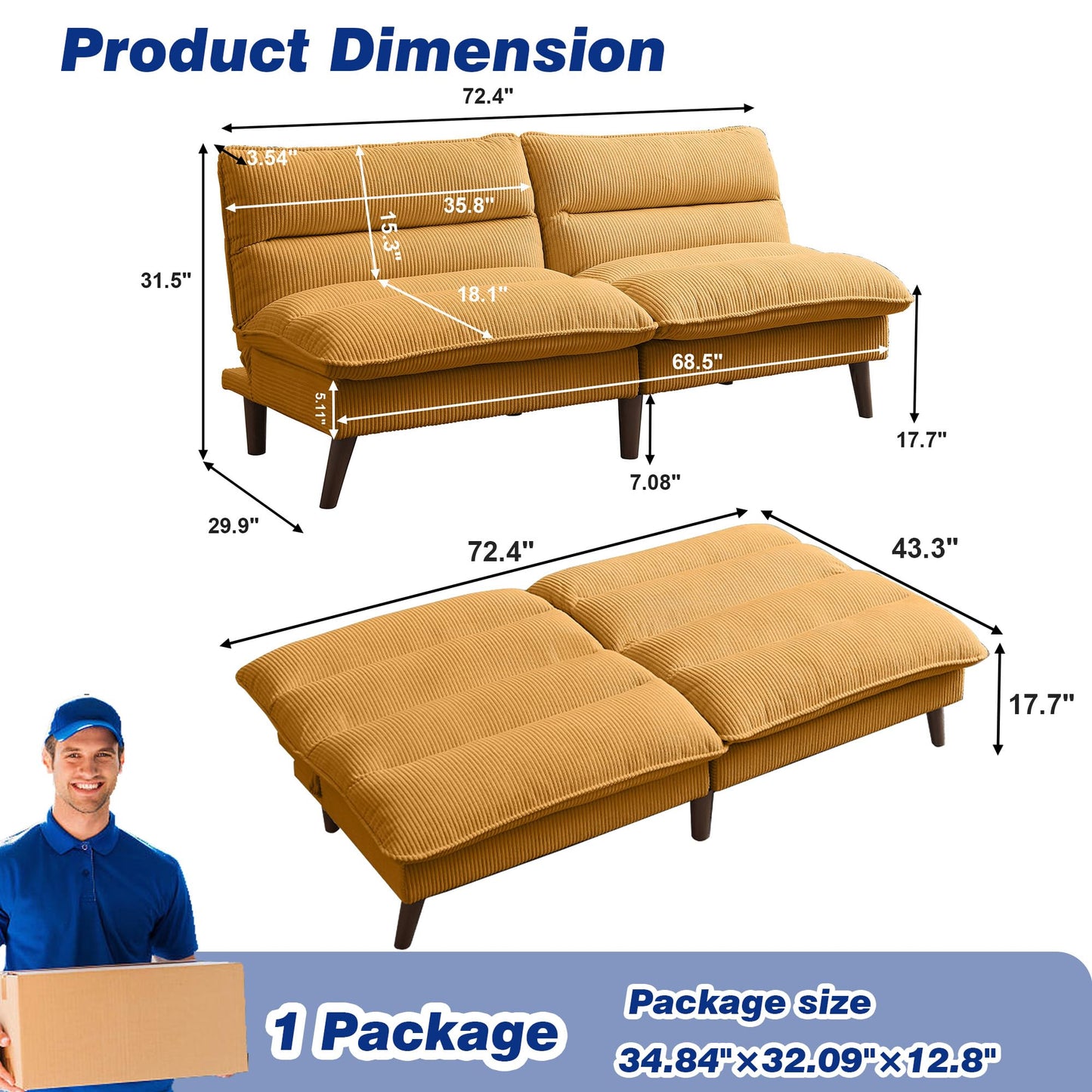Chireca 72" Futon Sofa Bed, Convertible Futon Couch with Adjustable Backrest, Modern Corduroy Loveseat Sleeper Sofa for Small Spaces, Living Room, Office, Yellow