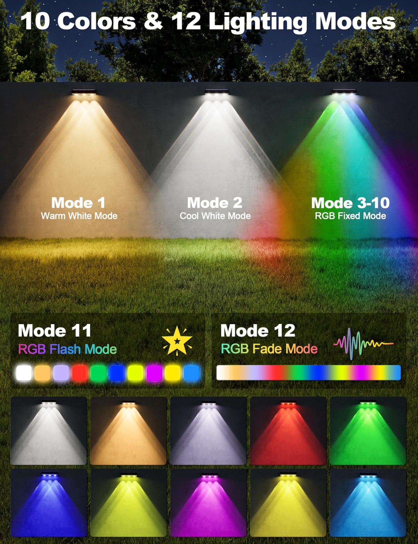APONUO Solar Fence Lights Outdoor Waterproof, Fence Lights Solar Powered, 12 RGB Color Modes & Warm White & Cool White, Fence Solar Light Outdoor for Backyard, Patio, Wall, Deck, Yard(12 Pack, Black)