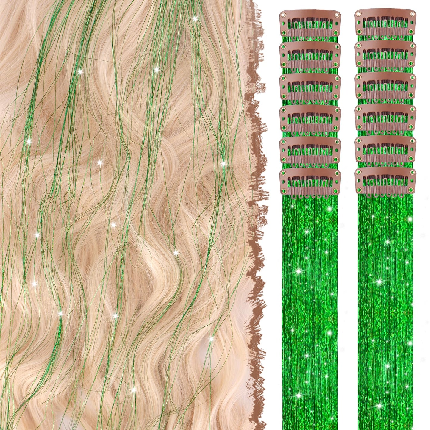 FESHFEN Clip in Hair Tinsel - 12 PCS Green Clip ins Glitter Tinsel Hair Extensions Sparkle Fairy Dazzle Colorful St Patrick's Day Accessories Kit for Women 20 Inch