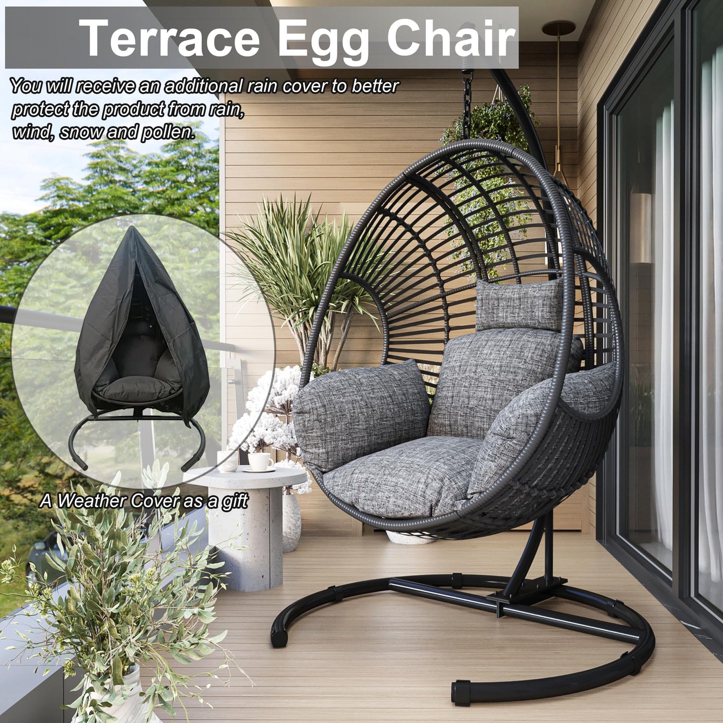 Hanging Egg Chair with Stand - Egg Swing Chair Outdoor Indoor Patio Wicker Chair Swing Hammock Egg Chairs 400lbs Capacity for Outside Patio, Bedroom, Garden and Balcony(Black)