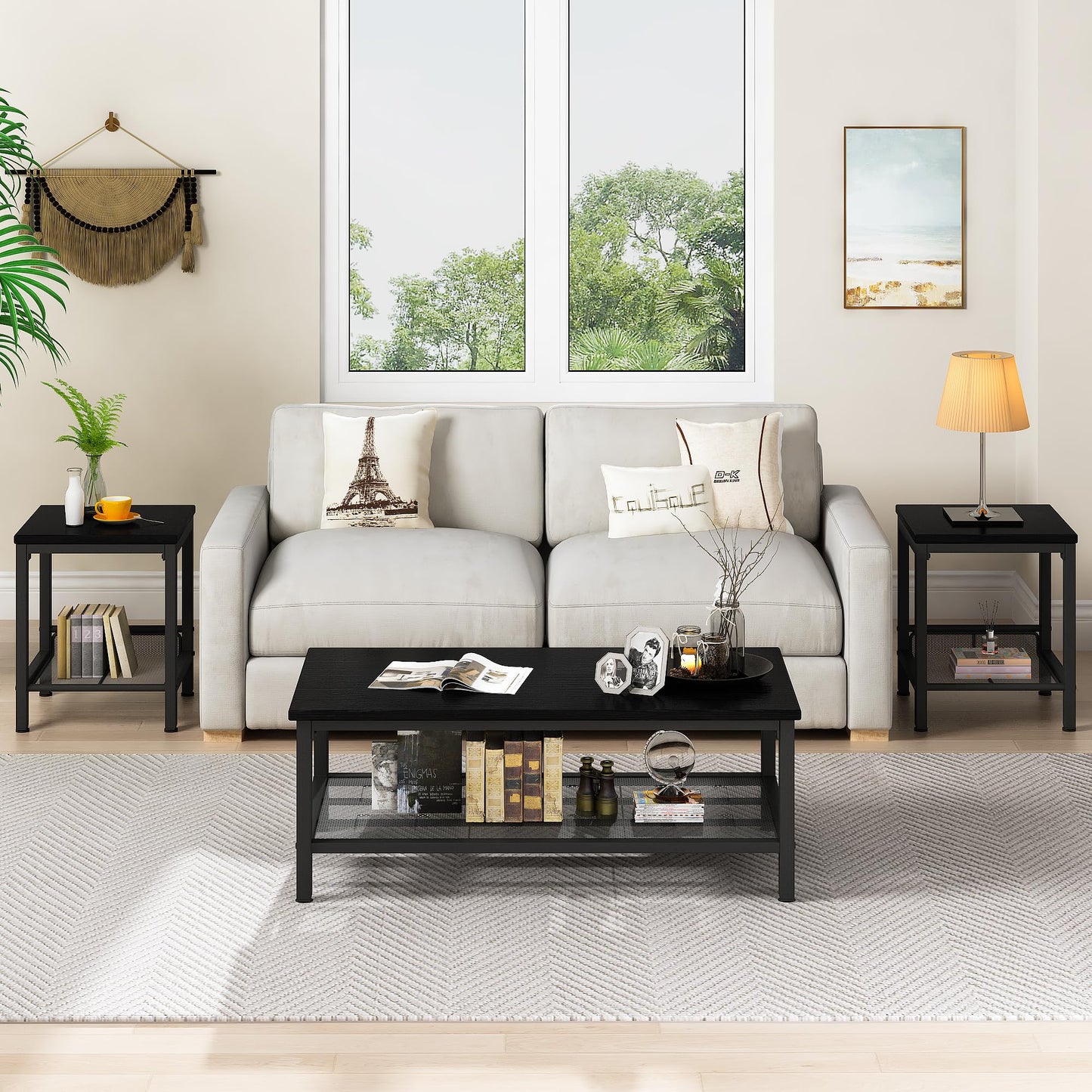 Lamerge 3 Pieces Living Room Table Set, Industrial Coffee Table with 2 Square End Side Tables, Coffee Table Set with Metal Frame for Apartment Home Office, Black