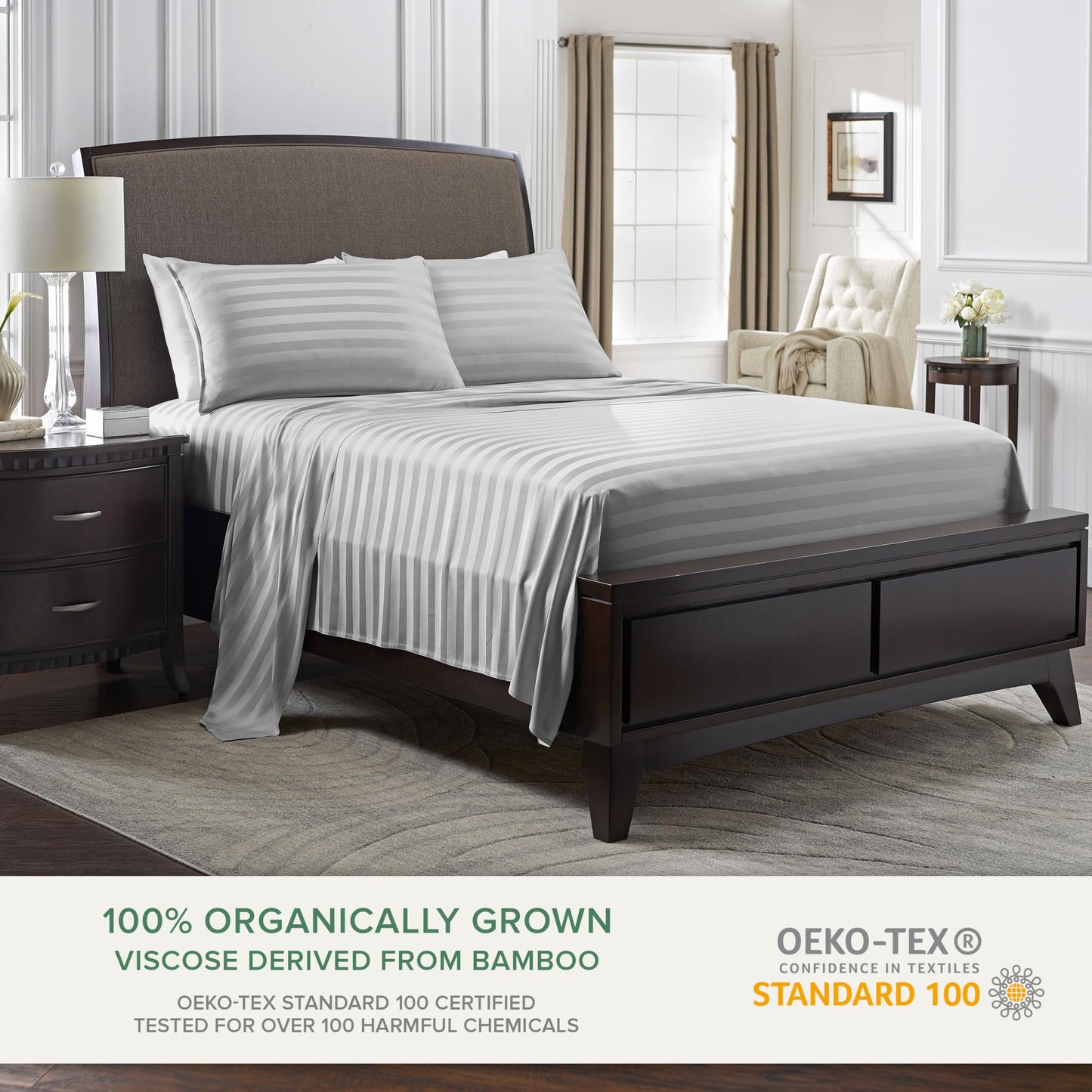 King Sheets by Pure Bamboo, Genuine 100% Organic Viscose Derived from Bamboo Bed Sheet Set, Luxuriously Soft & Cooling, Double Stitching, Lifetime Quality Promise (King, Jacquard Silver)