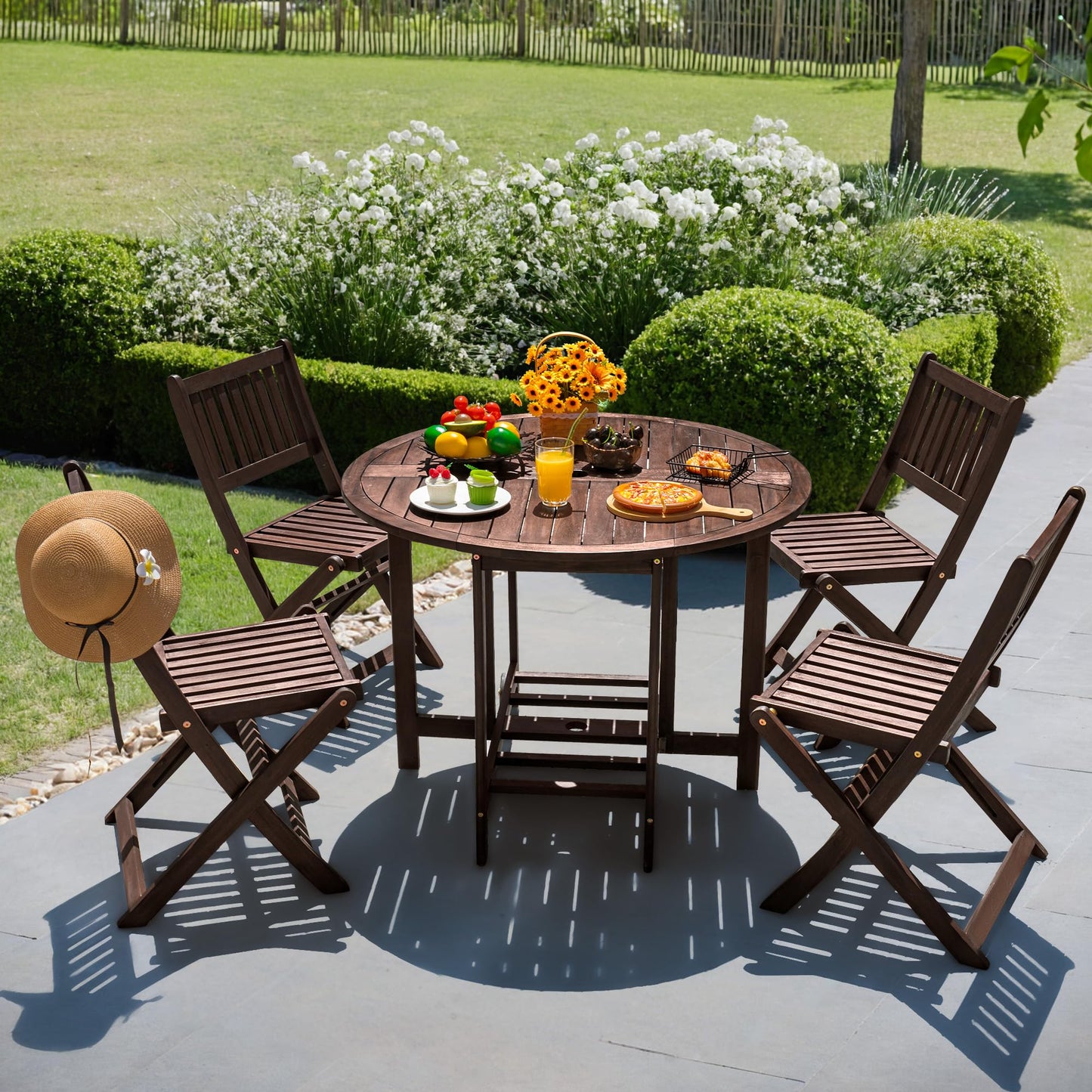 Devoko 5 PCS Patio Furniture, Patio Dining Set Acacia Wood Outdoor Table and Chairs, with 4 Folding Chairs and 37" Round Movable Table, Outdoor Dining Set for Lawn, Balcony, Garden (Deep Brown)