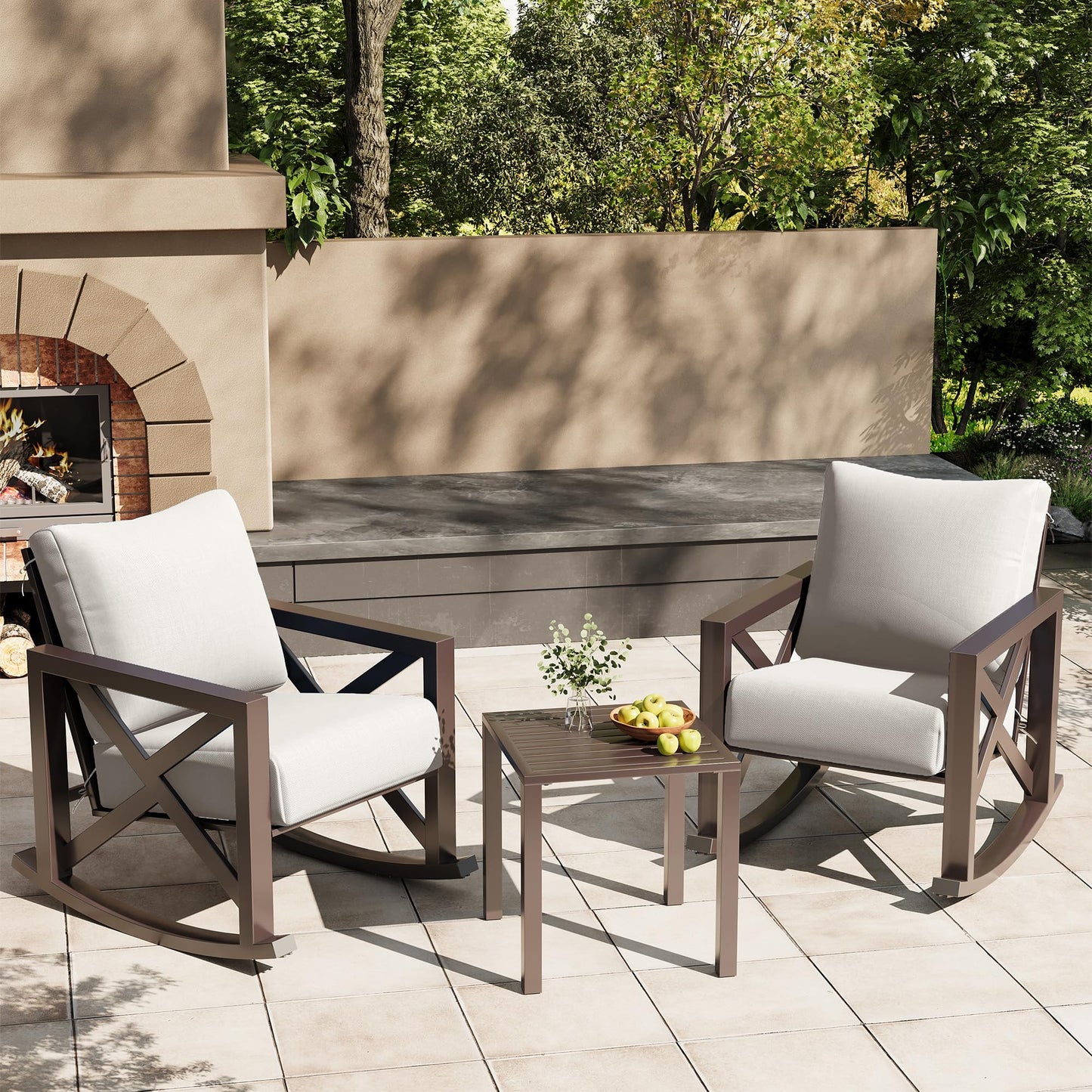 UDPATIO Rocking Chair Outdoor Set 2 with Coffee Table, 3 Piece Metal Rocking Bistro Set with 6.5" Water-Resistant Cushions, Oversized, 350lbs Heavy-Duty, for Porch, Patio, Balcony, Beige